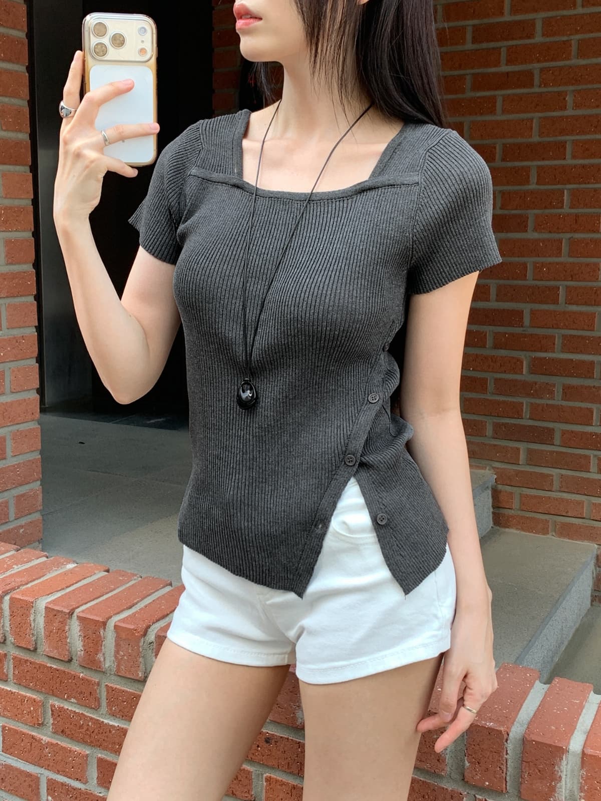 26 Summer New Arrival_Square Diagonal Button Short Sleeve (Summer Knit, Diagonal Point, Square Neck, Delicate Fit - 이미지 1