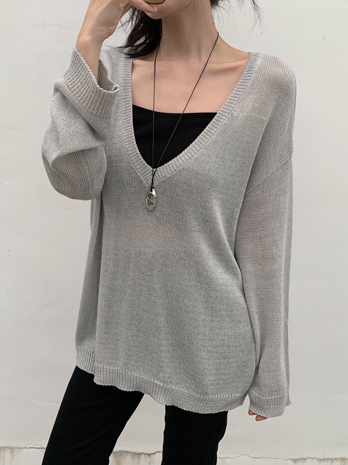 26 Summer New Arrival_Over Deep V-Neck (Knit, Delicate Fit, Long Sleeve, Oversized Fit, See-through, Mesh, Avant-garde Fit, Spring - 이미지 1