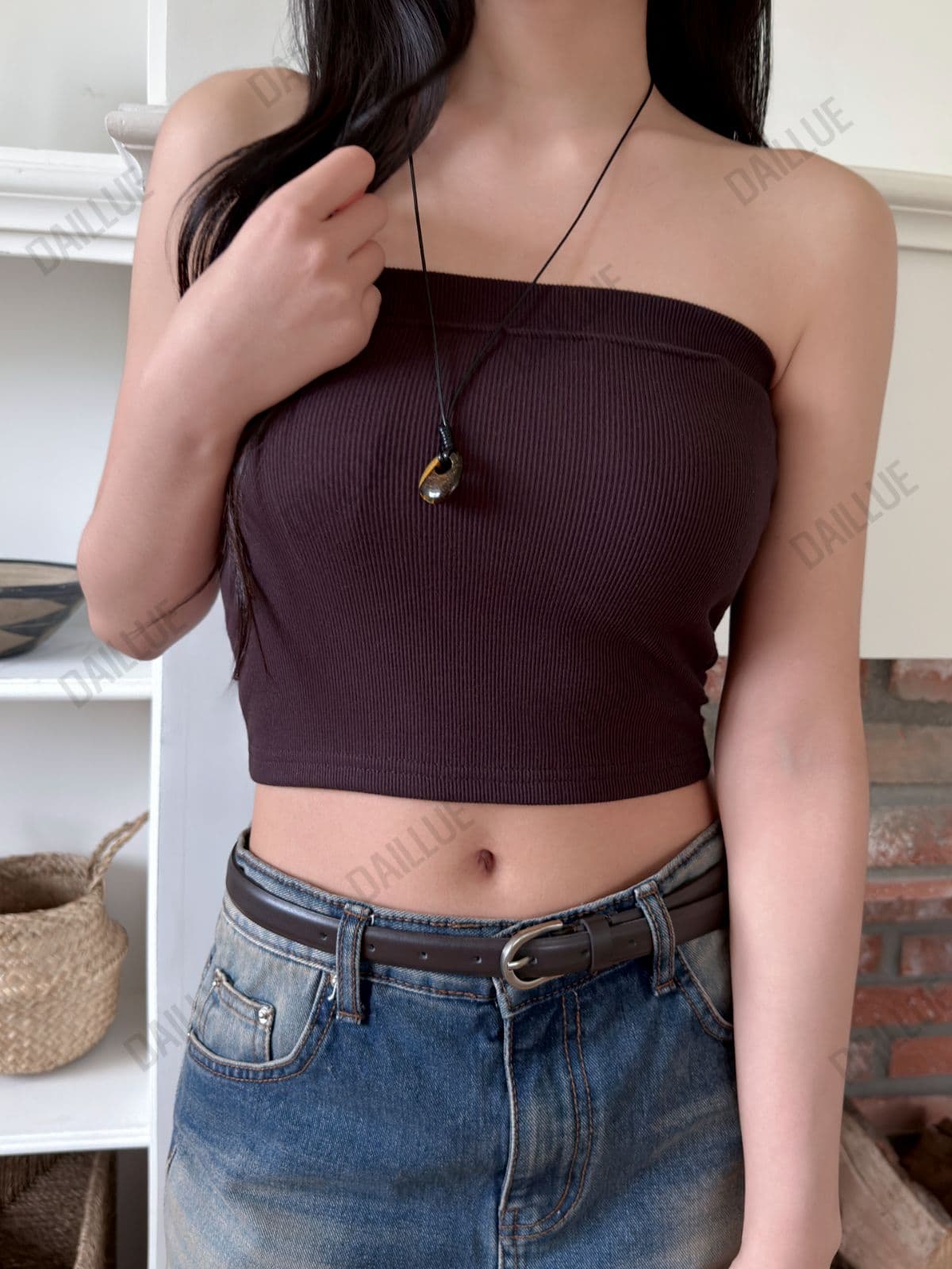 Slim Fit Ribbed Cap Tube Top - Crop, Built-in Cup, Tank Top, Bra Top, Off-Shoulder, Elastic Waist, Glam Look - 이미지 12