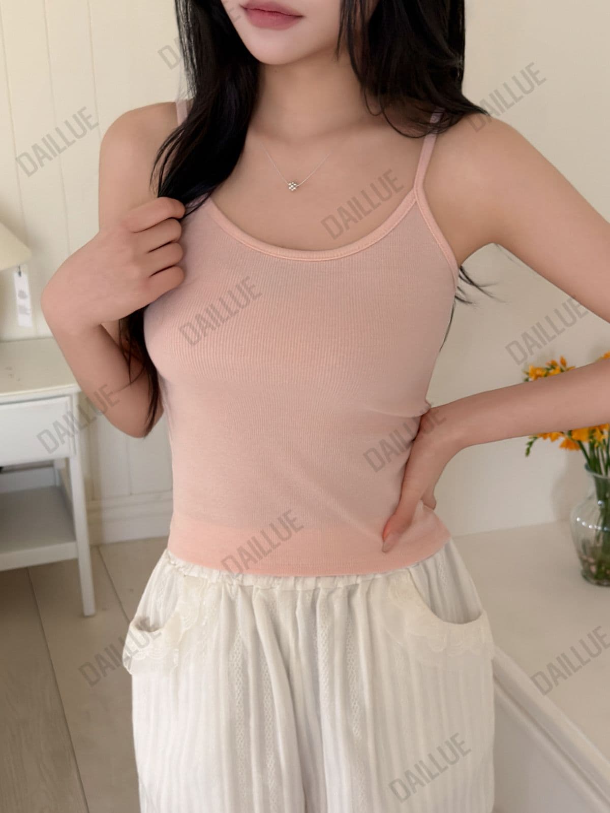 Slim Fit - Modal Ribbed Crop Strap Sleeveless - Breast Cover, U-Neck, Cotton, Inner, Stretchy Basic T-shirt, All Seasons, Plain - 이미지 3
