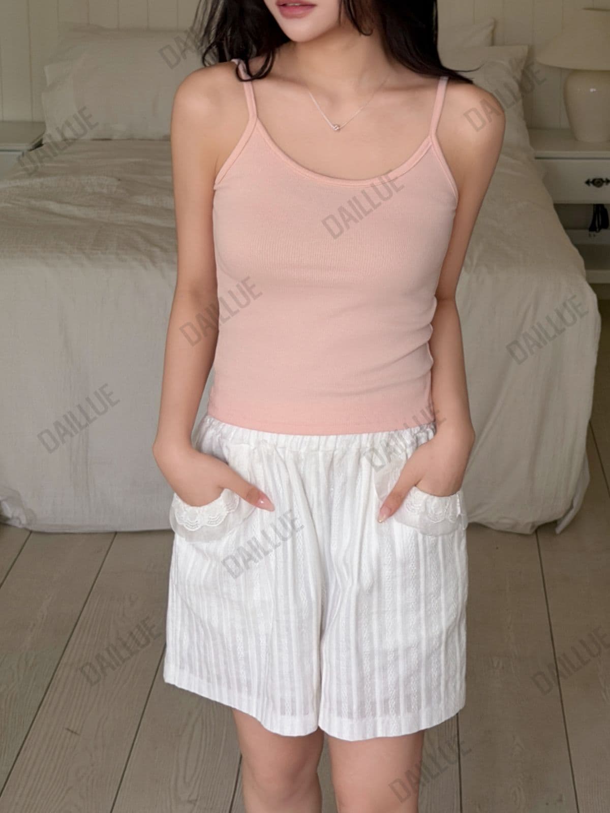 Slim Fit - Modal Ribbed Crop Strap Sleeveless - Breast Cover, U-Neck, Cotton, Inner, Stretchy Basic T-shirt, All Seasons, Plain - 이미지 6