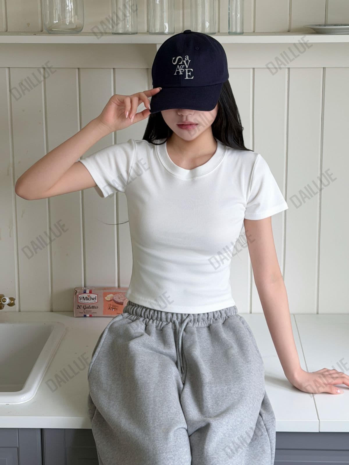Slim Fit - Cotton Tension Basic Short Sleeve - Semi-Crop, Basic T-shirt, Arm Fat Coverage, Round Neck, Plain, Stretchy Inner - 이미지 6