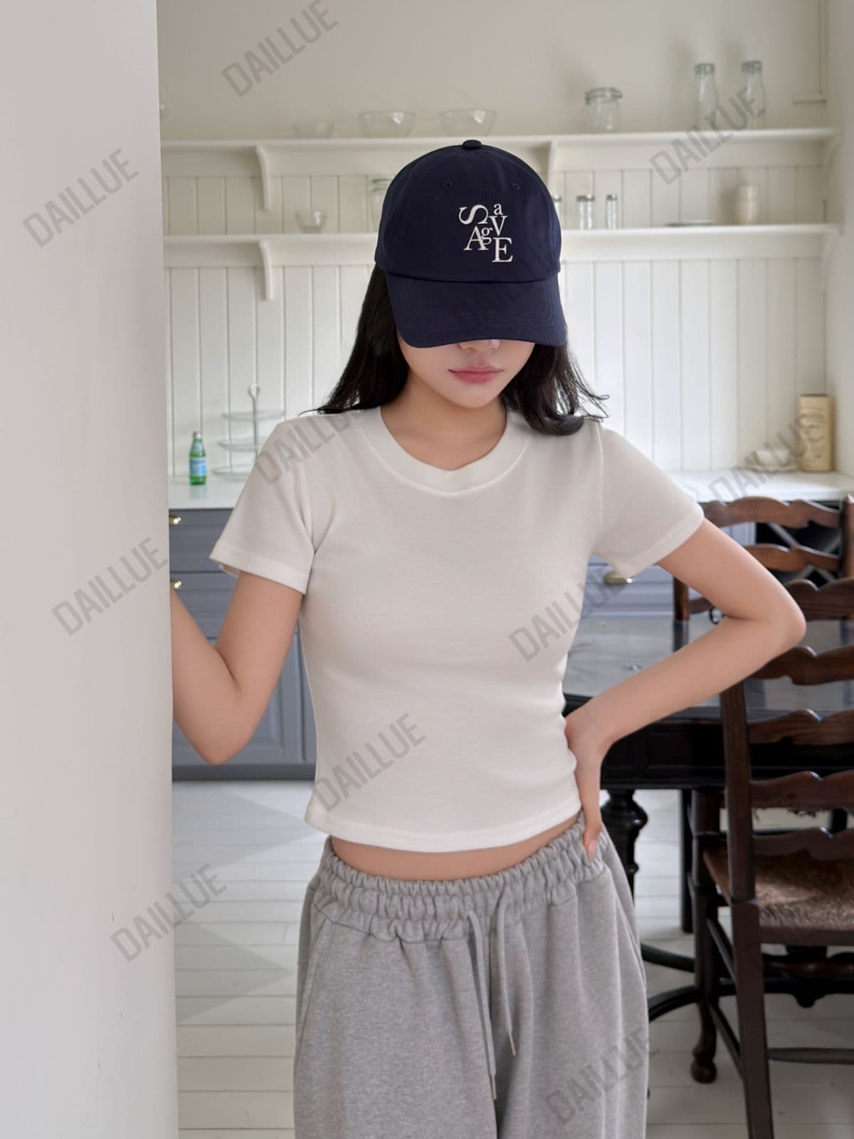 Slim Fit - Cotton Tension Basic Short Sleeve - Semi-Crop, Basic T-shirt, Arm Fat Coverage, Round Neck, Plain, Stretchy Inner - 이미지 8