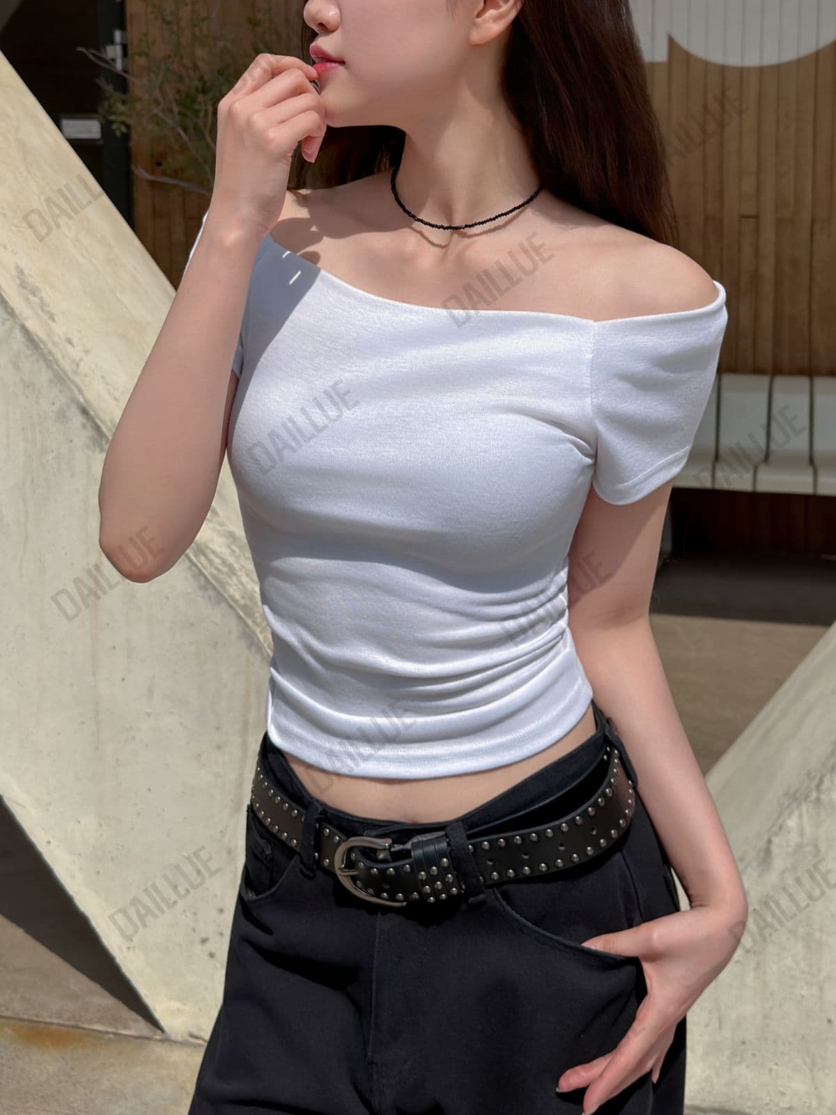 Slim Fit - Tension Off-Shoulder Short Sleeve - Date, Sexy Glam Look, Stretchy Spandex, Daily, Spring/Summer, Tight-fitting T-shirt - 이미지 1