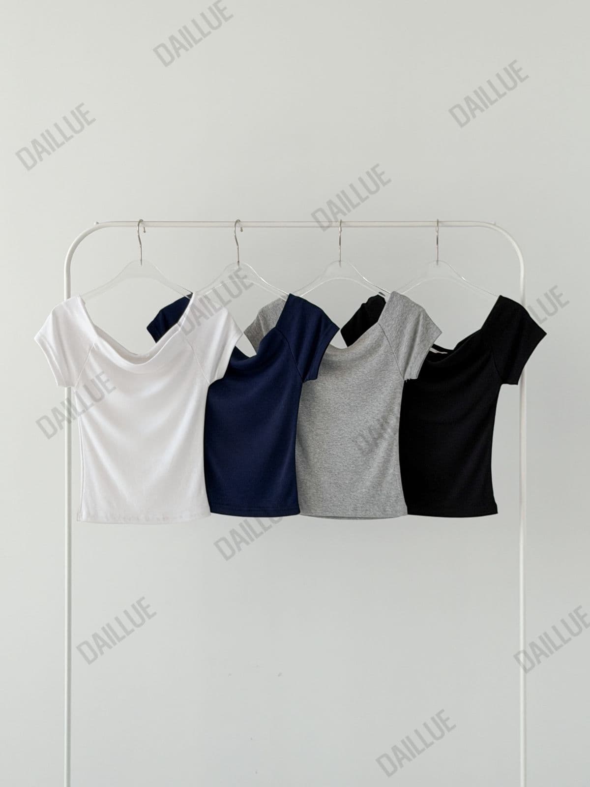 Slim Fit - Tension Off-Shoulder Short Sleeve - Date, Sexy Glam Look, Stretchy Spandex, Daily, Spring/Summer, Tight-fitting T-shirt - 이미지 2