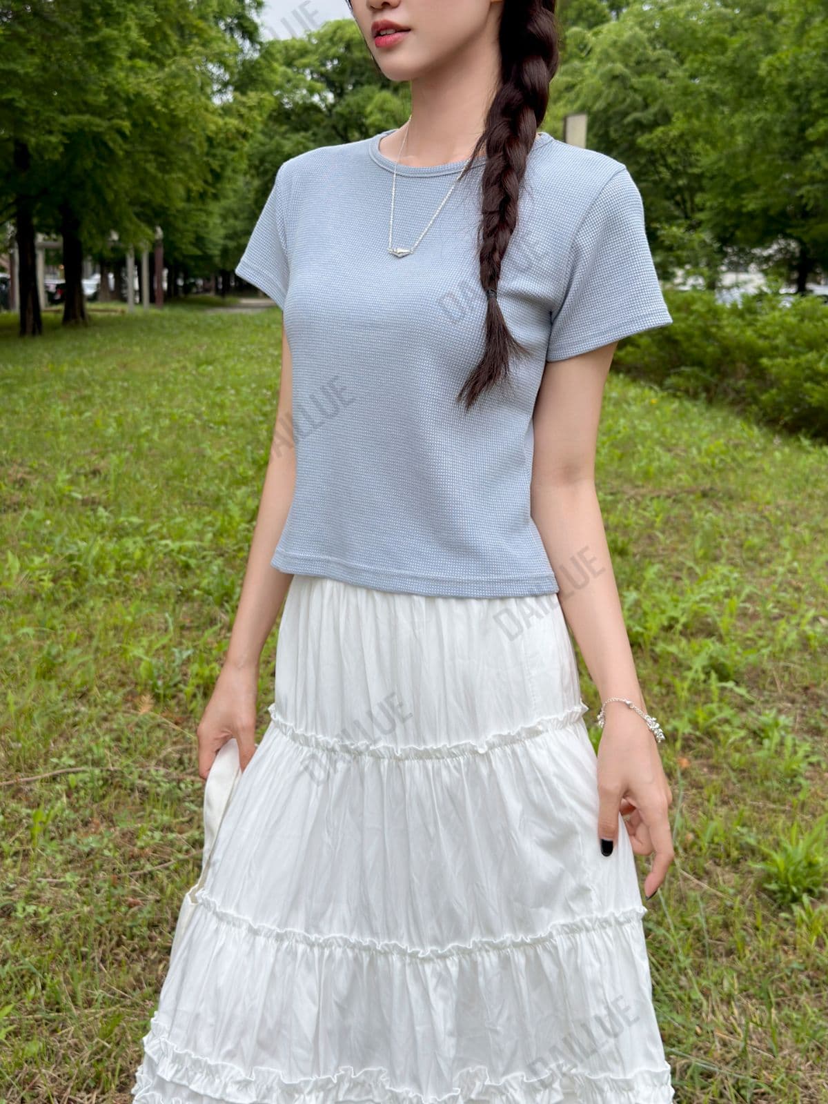 Basic Fit - Waffle Round Short Sleeve - Basic T-shirt, Knit, Semi-Crop, Summer, Innerwear, Basic, Plain, Wedding Guest Look - 이미지 5