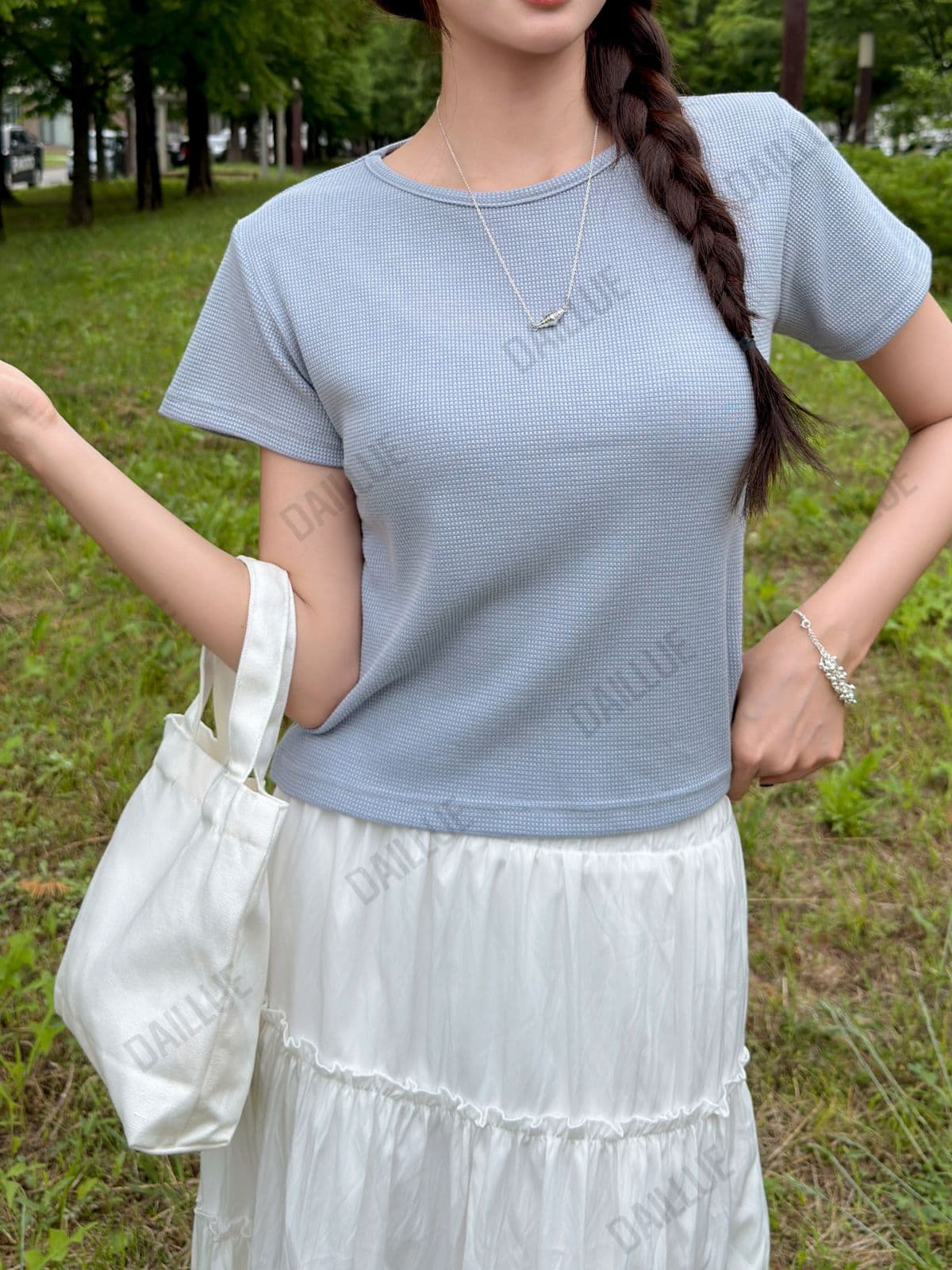 Basic Fit - Waffle Round Short Sleeve - Basic T-shirt, Knit, Semi-Crop, Summer, Innerwear, Basic, Plain, Wedding Guest Look - 이미지 4