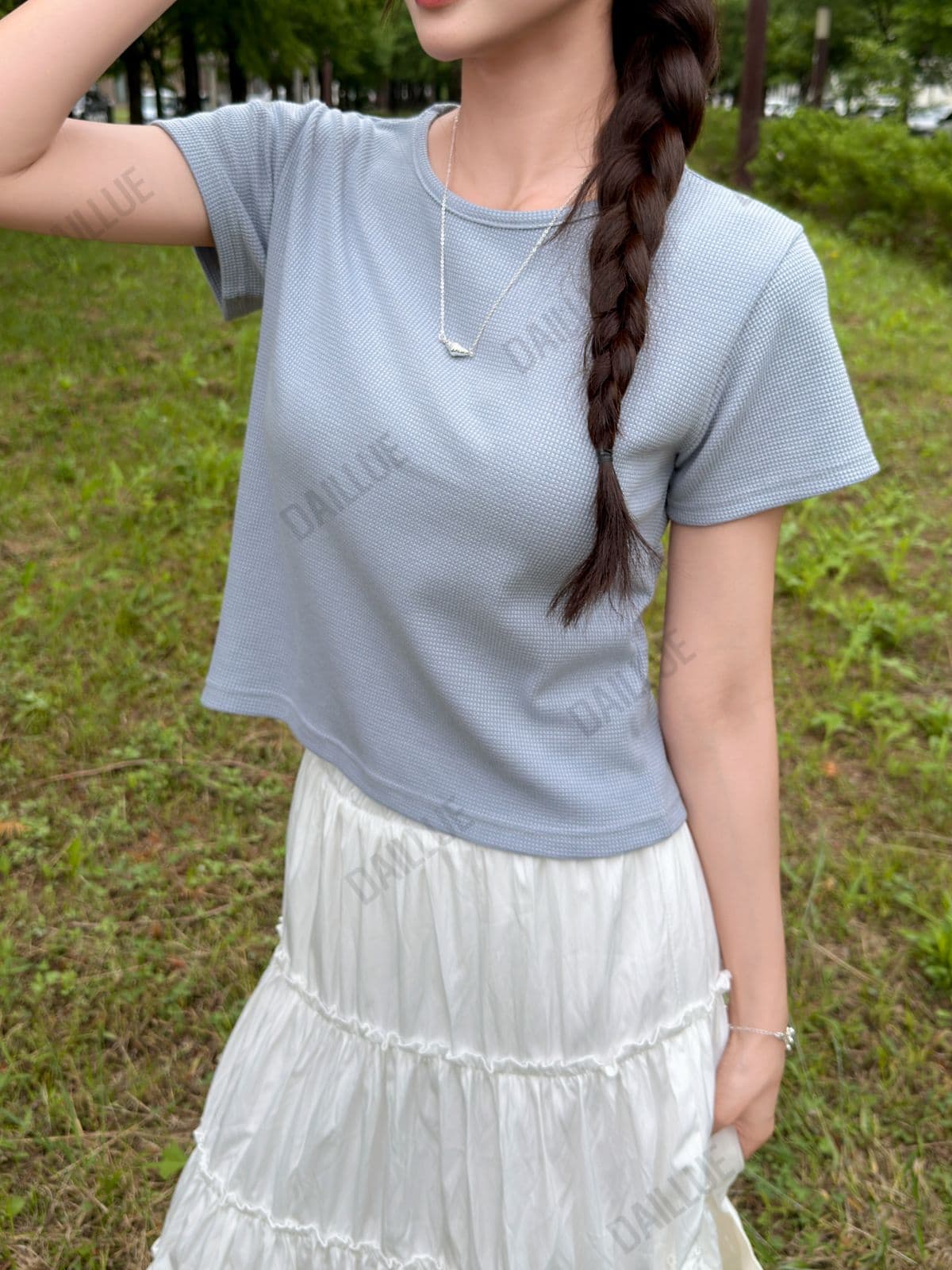 Basic Fit - Waffle Round Short Sleeve - Basic T-shirt, Knit, Semi-Crop, Summer, Innerwear, Basic, Plain, Wedding Guest Look - 이미지 3