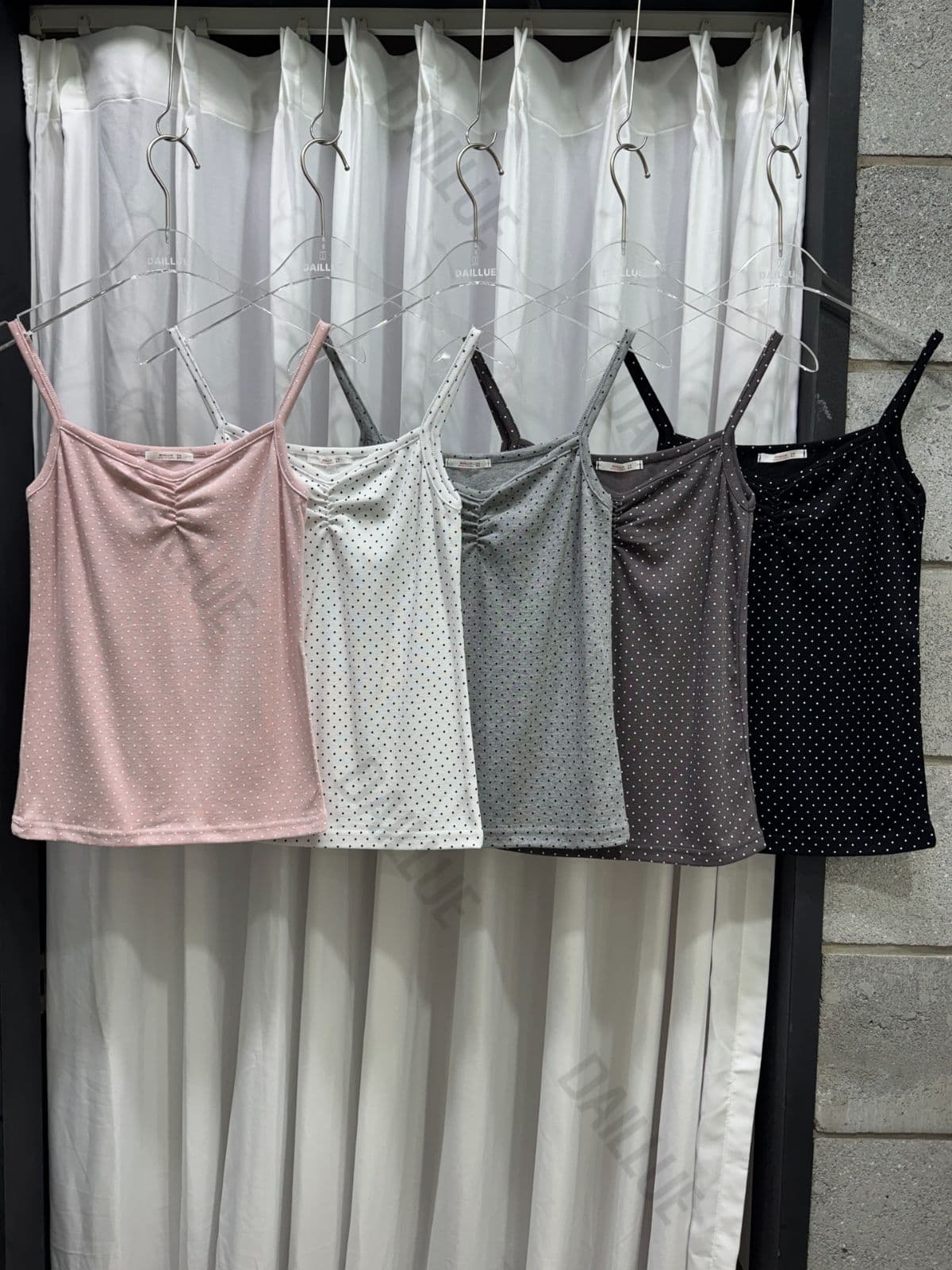 Slim Fit - Polka Dot Shirred Strap Sleeveless - Polka Dot, Spring/Summer, Cardigan Inner, Vacation Look, Lovely, V-Neck - 이미지 2