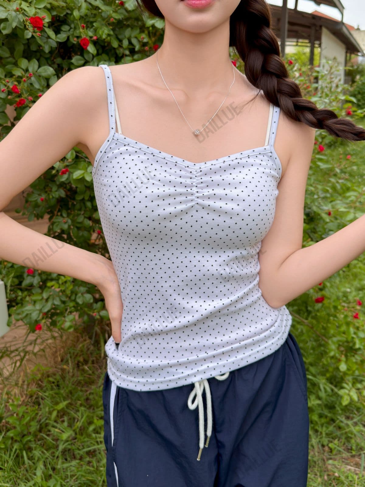 Slim Fit - Polka Dot Shirred Strap Sleeveless - Polka Dot, Spring/Summer, Cardigan Inner, Vacation Look, Lovely, V-Neck - 이미지 5