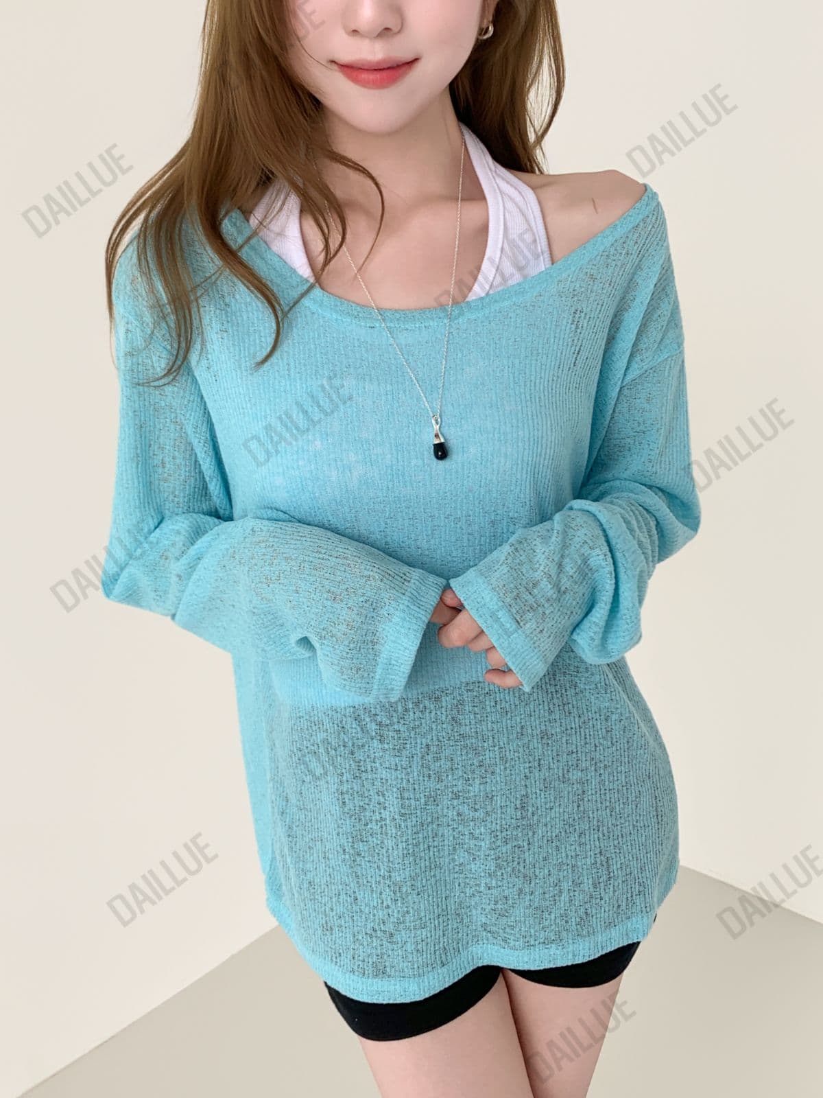 [Salant Item] Summer Knit Cover-up Long Sleeve - Delicate Fit, Off-shoulder, Boat Neck, Summer Tee, Humbuk Show, Rainy Season Look - 이미지 8