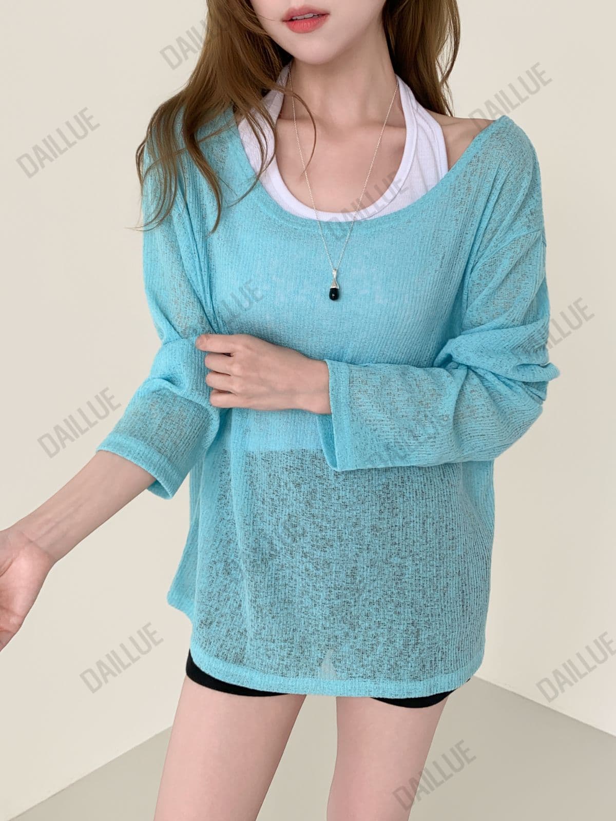 [Salant Item] Summer Knit Cover-up Long Sleeve - Delicate Fit, Off-shoulder, Boat Neck, Summer Tee, Humbuk Show, Rainy Season Look - 이미지 11