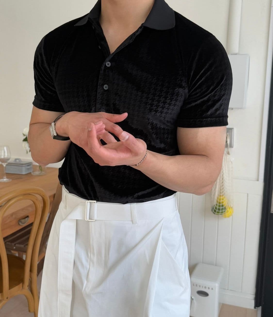 Houndstooth Velvet Muscle Fit Pique Short Sleeve T-shirt - 이미지 4