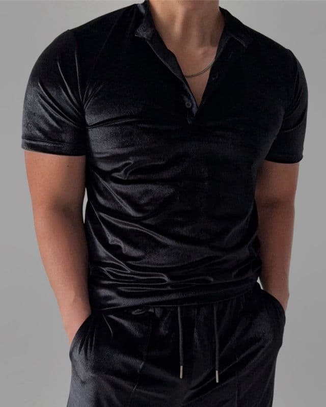 Ribbed Velvet Muscle Fit Henley Neck Short Sleeve T-shirt and Long Pants Set - 이미지 3