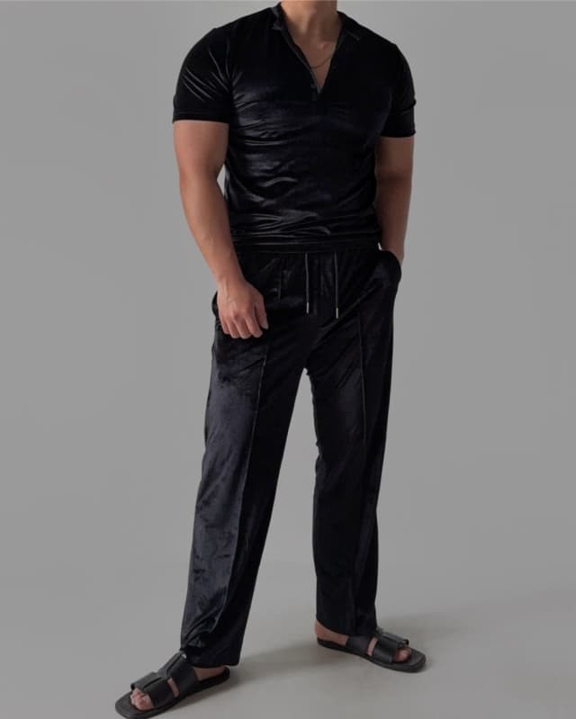 Ribbed Velvet Muscle Fit Henley Neck Short Sleeve T-shirt and Long Pants Set - 이미지 1