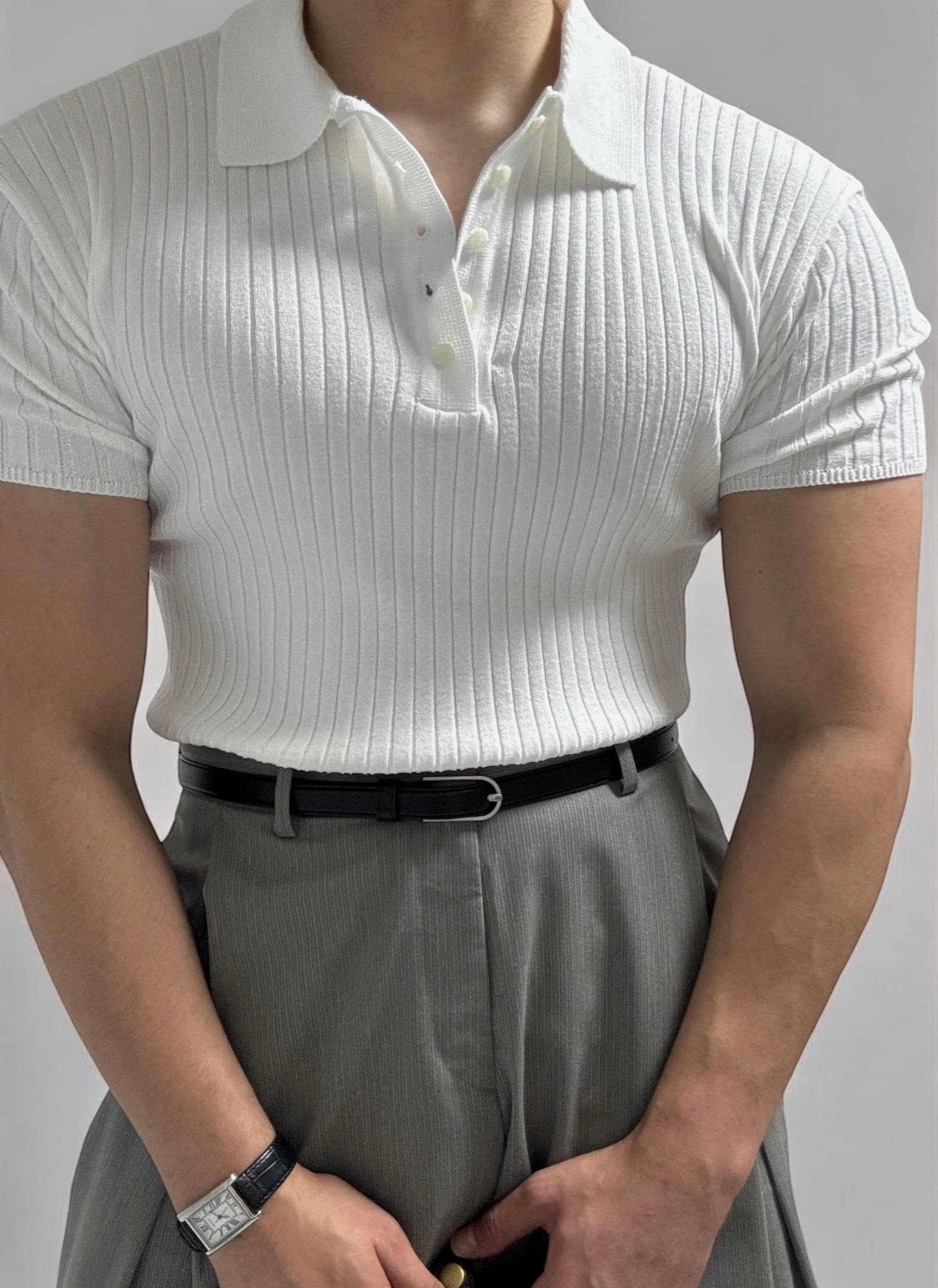 Uno Ribbed Muscle Fit Collared Short Sleeve Knit - 이미지 2