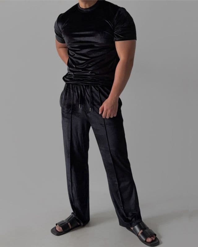 Ribbed Velvet Muscle Fit Round Short Sleeve T-shirt and Long Pants Set - 이미지 2