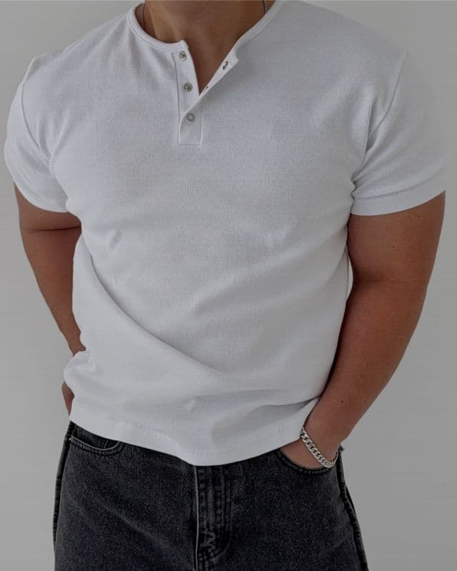 Snap Muscle Fit Henley Neck Short Sleeve T-shirt - 이미지 2