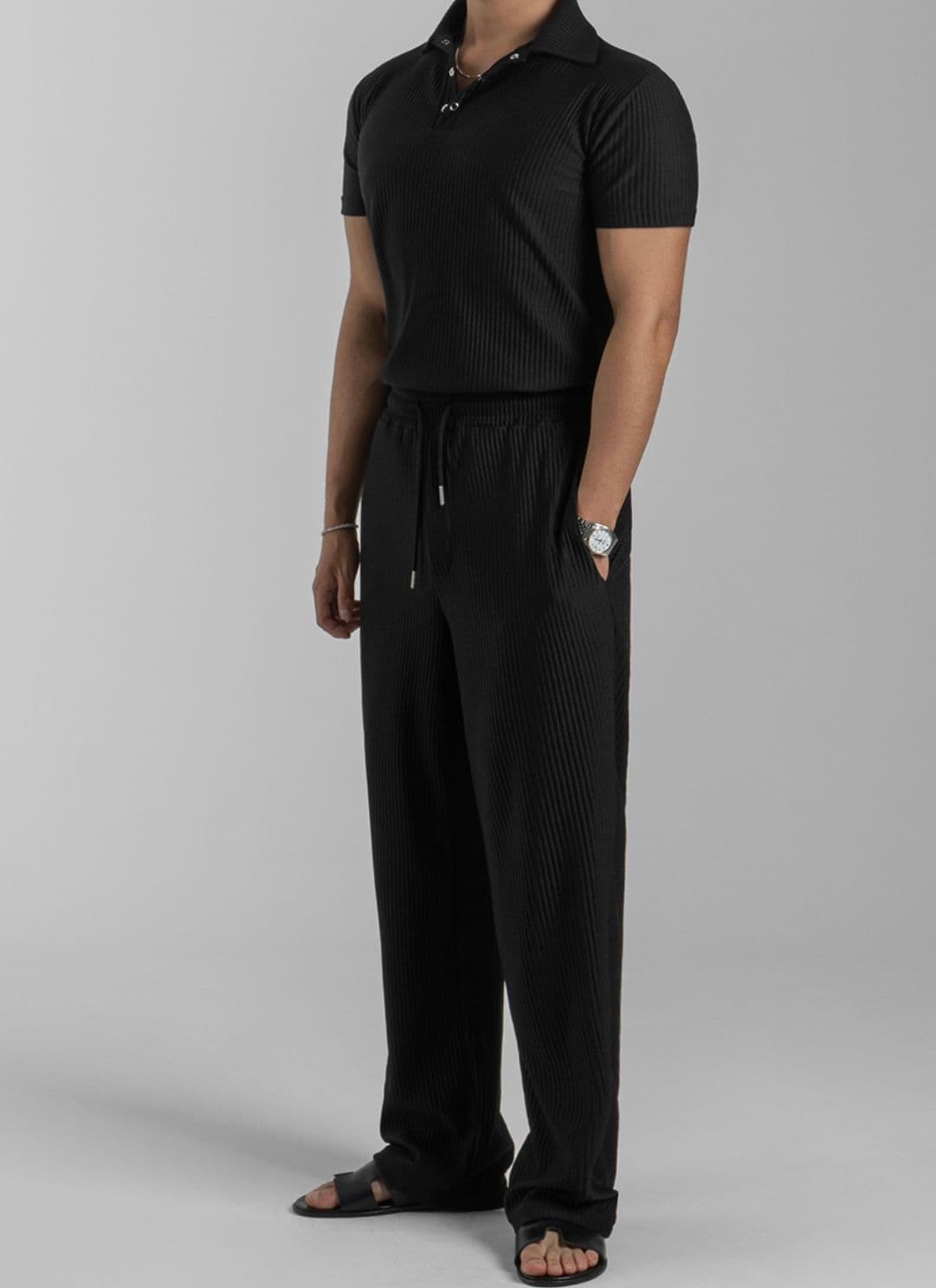 Pleated muscle-fit collared short-sleeve t-shirt long pants - 이미지 4
