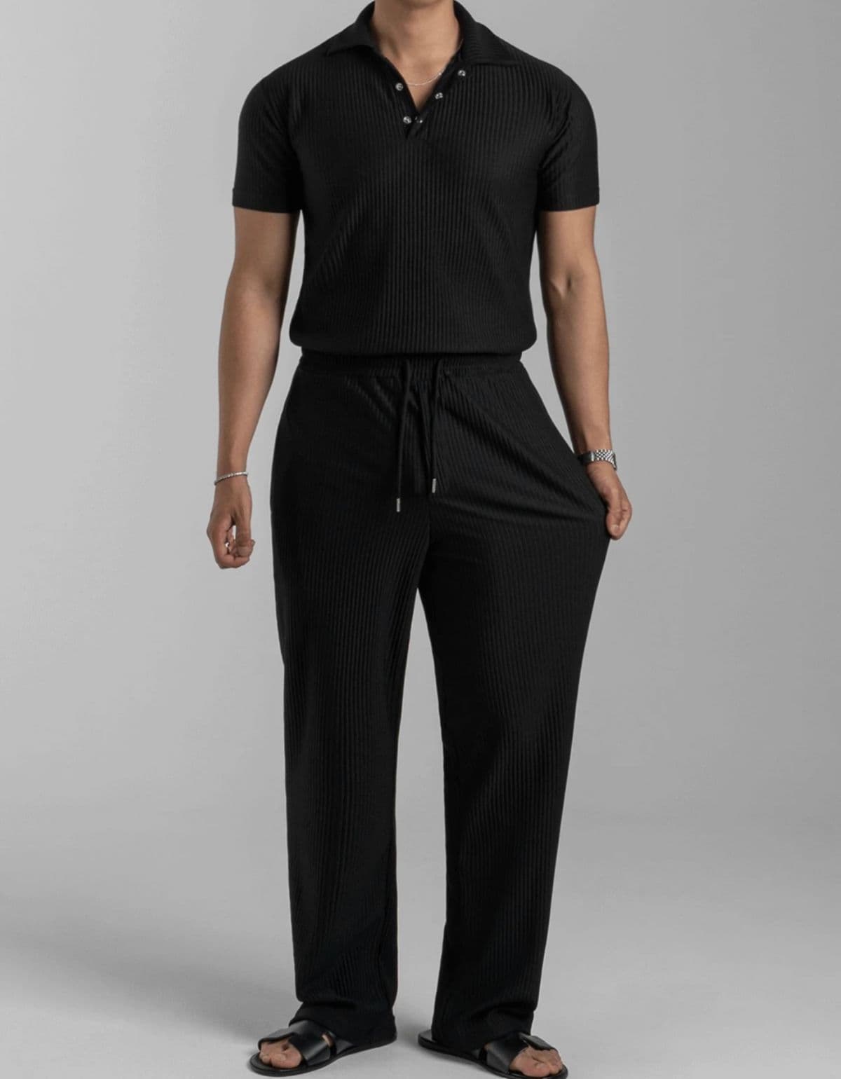 Pleated muscle-fit collared short-sleeve t-shirt long pants - 이미지 2