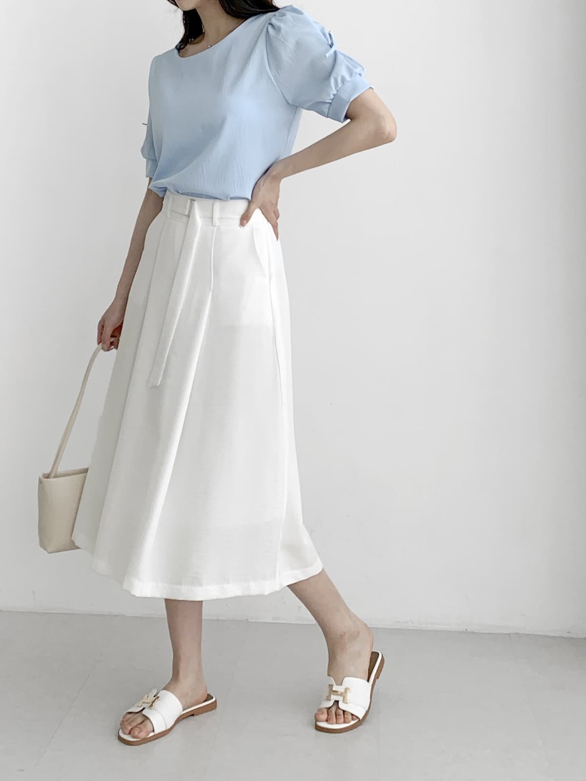Belt-decorated pleated long skirt back band F, L - 이미지 5