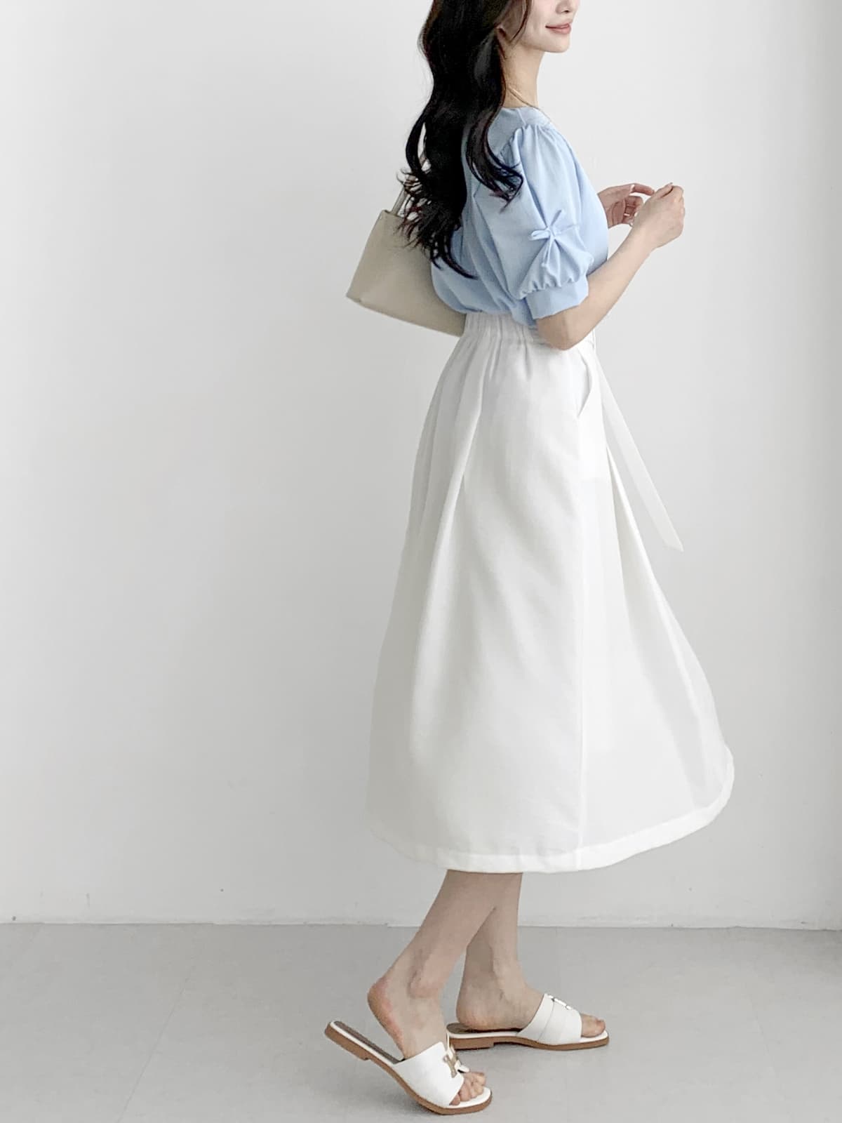 Belt-decorated pleated long skirt back band F, L - 이미지 10