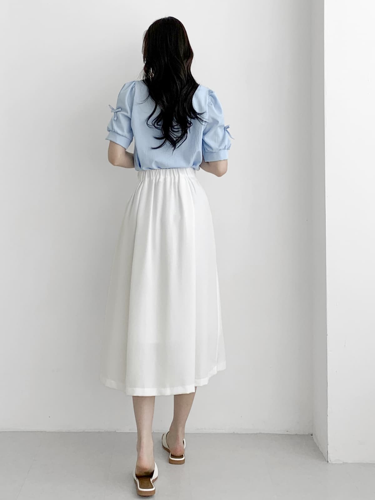 Belt-decorated pleated long skirt back band F, L - 이미지 9