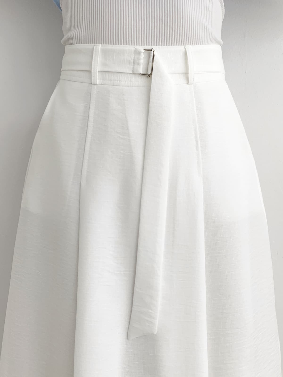 Belt-decorated pleated long skirt back band F, L - 이미지 3