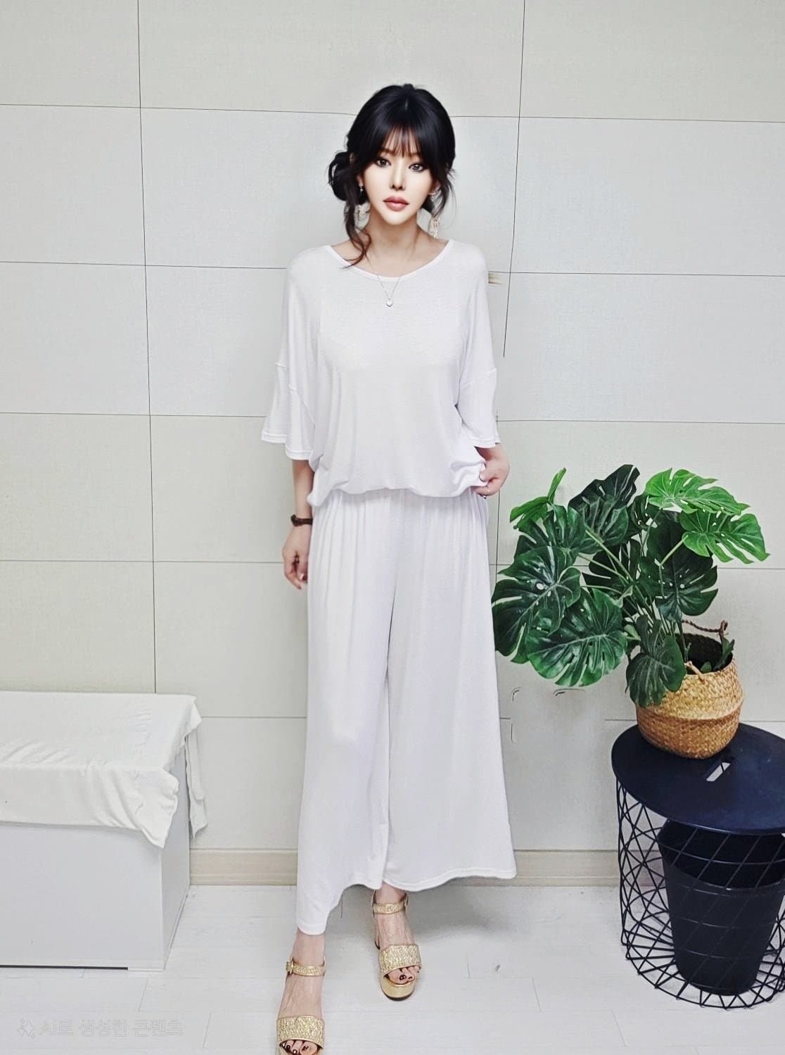 New Arrival Cool Flowy Plain V-Shirt Boxy Short Sleeve Elastic Waist Wide-Leg Pants Set Plus Size Casual Daily - 이미지 12