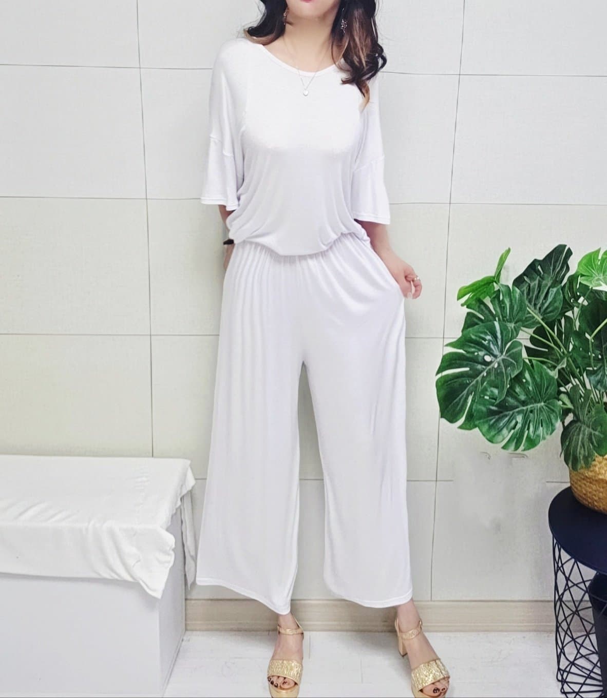 New Arrival Cool Flowy Plain V-Shirt Boxy Short Sleeve Elastic Waist Wide-Leg Pants Set Plus Size Casual Daily - 이미지 13