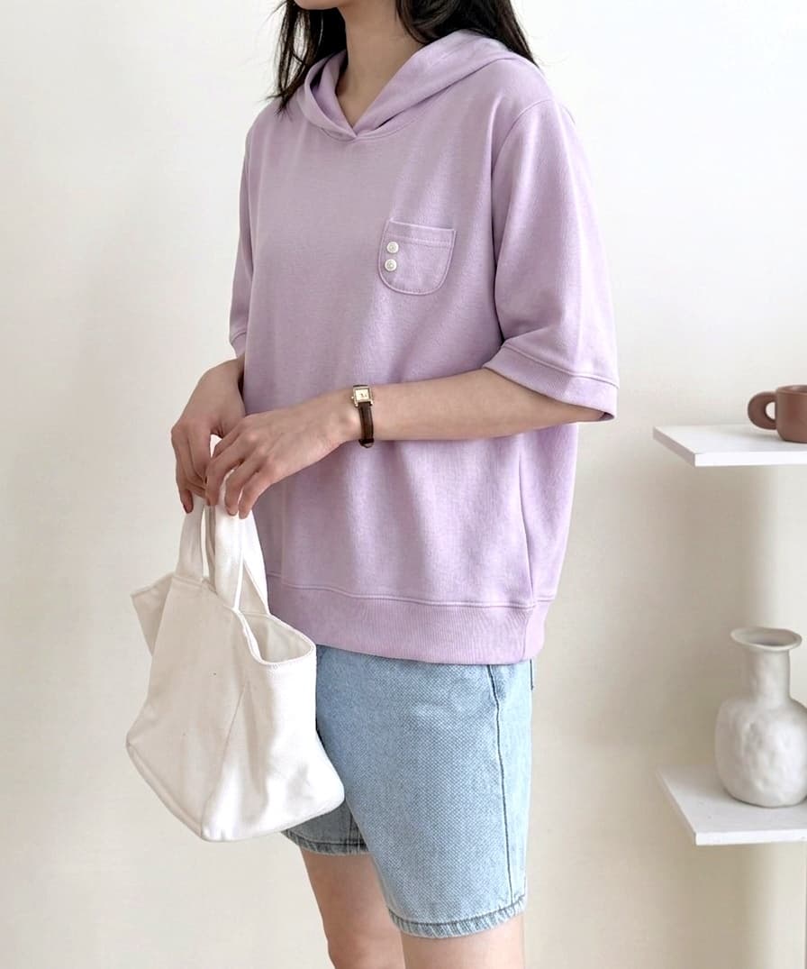 Mini pocket button short-sleeve hoodie - 이미지 8