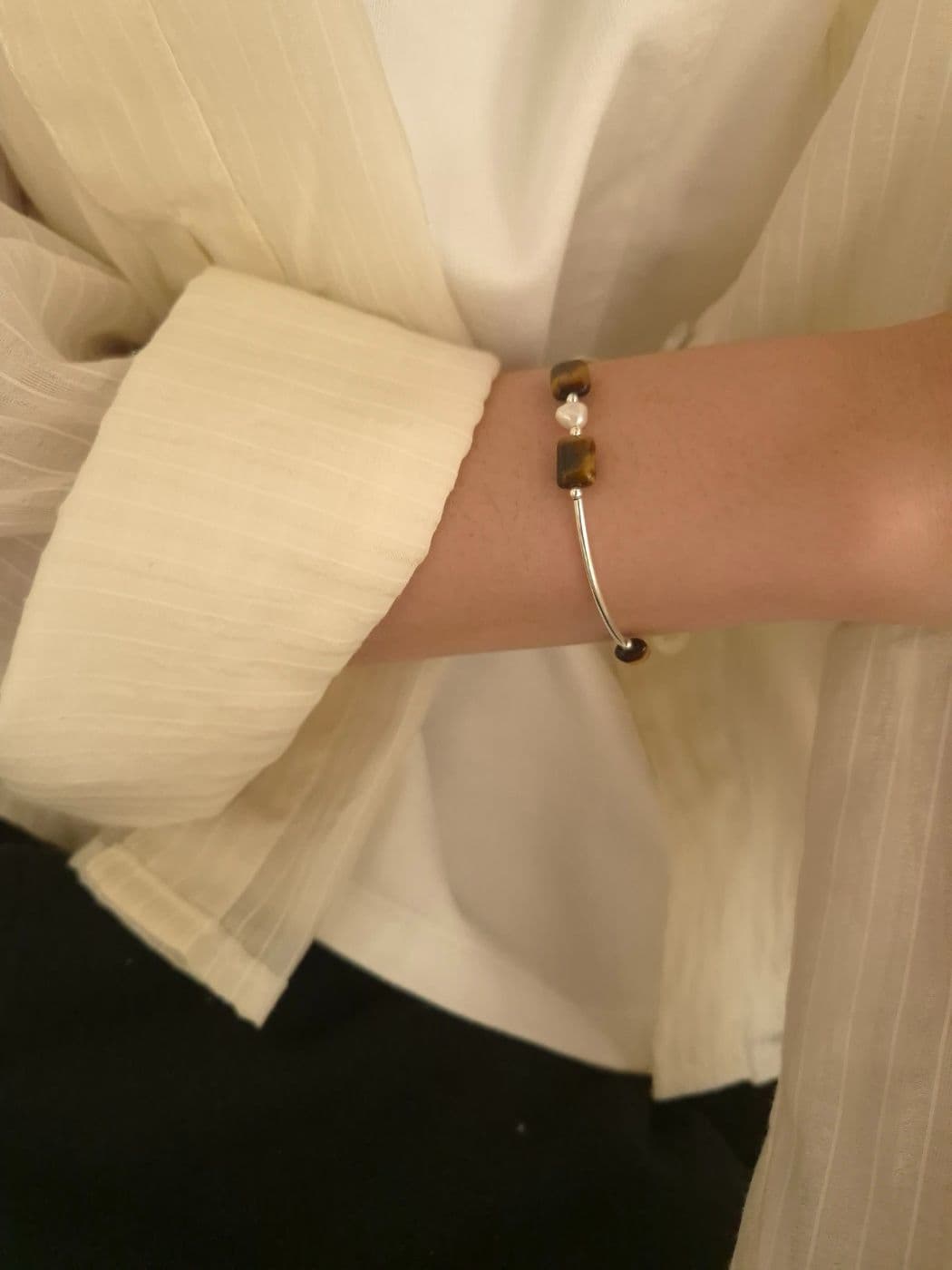 Silver 925 Tiger Eye-Freshwater Pearl Stick Bracelet B260484447 - 이미지 2
