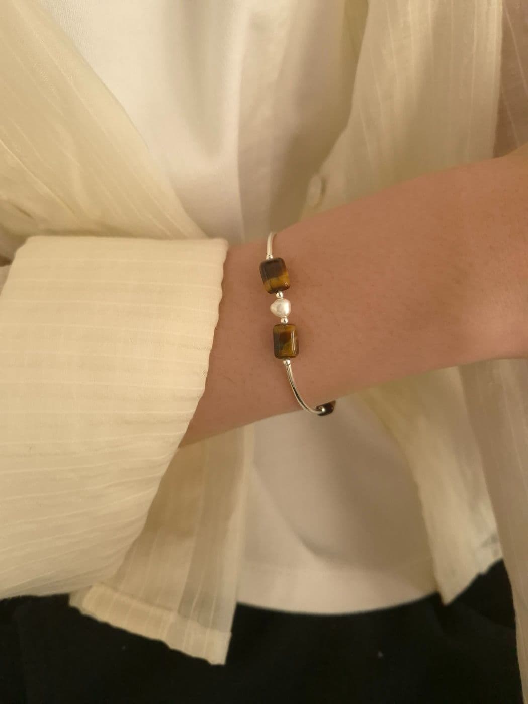 Silver 925 Tiger Eye-Freshwater Pearl Stick Bracelet B260484447 - 이미지 1