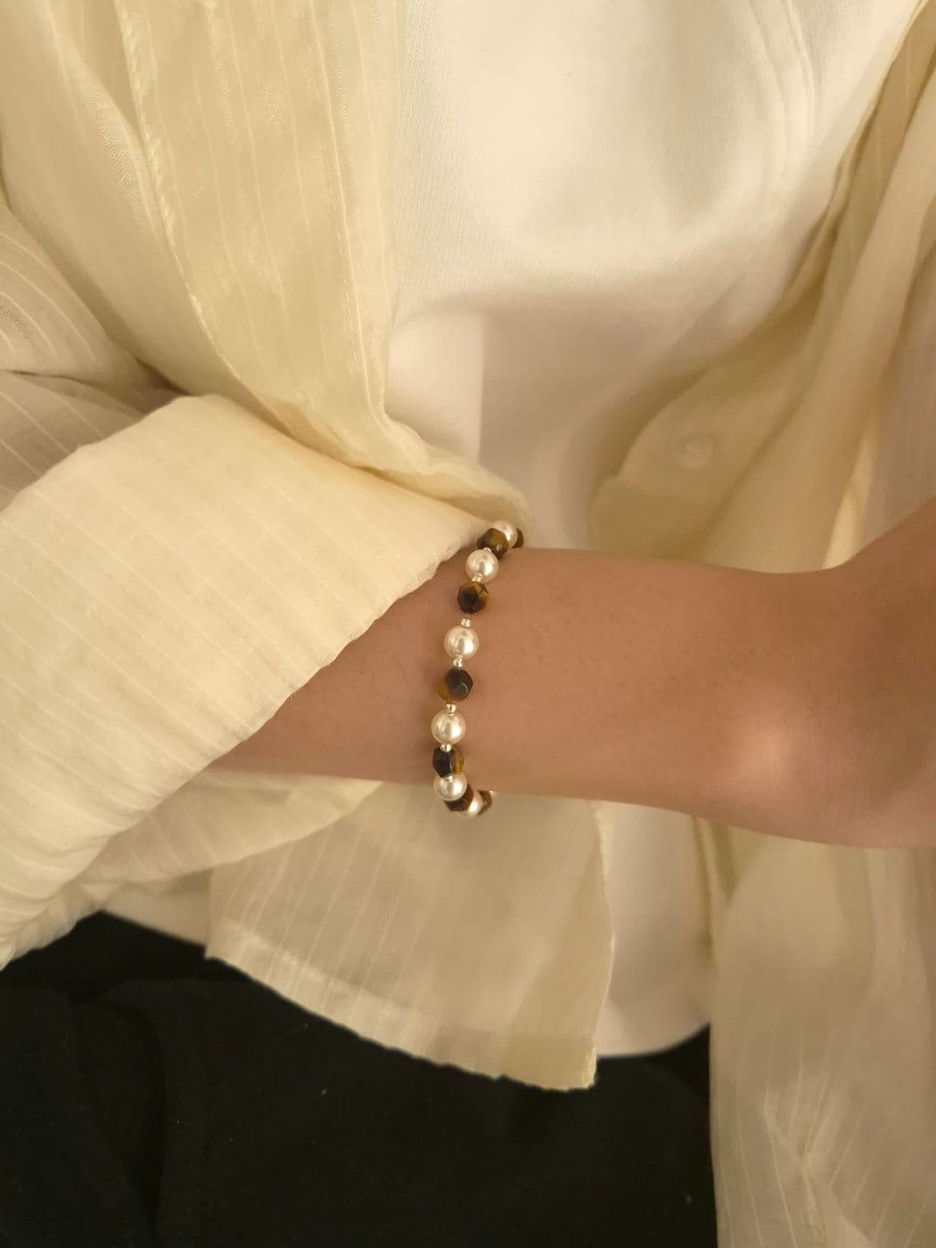 Silver 925 Tiger Eye-Pearl Handmade Bracelet B260424920 - 이미지 2