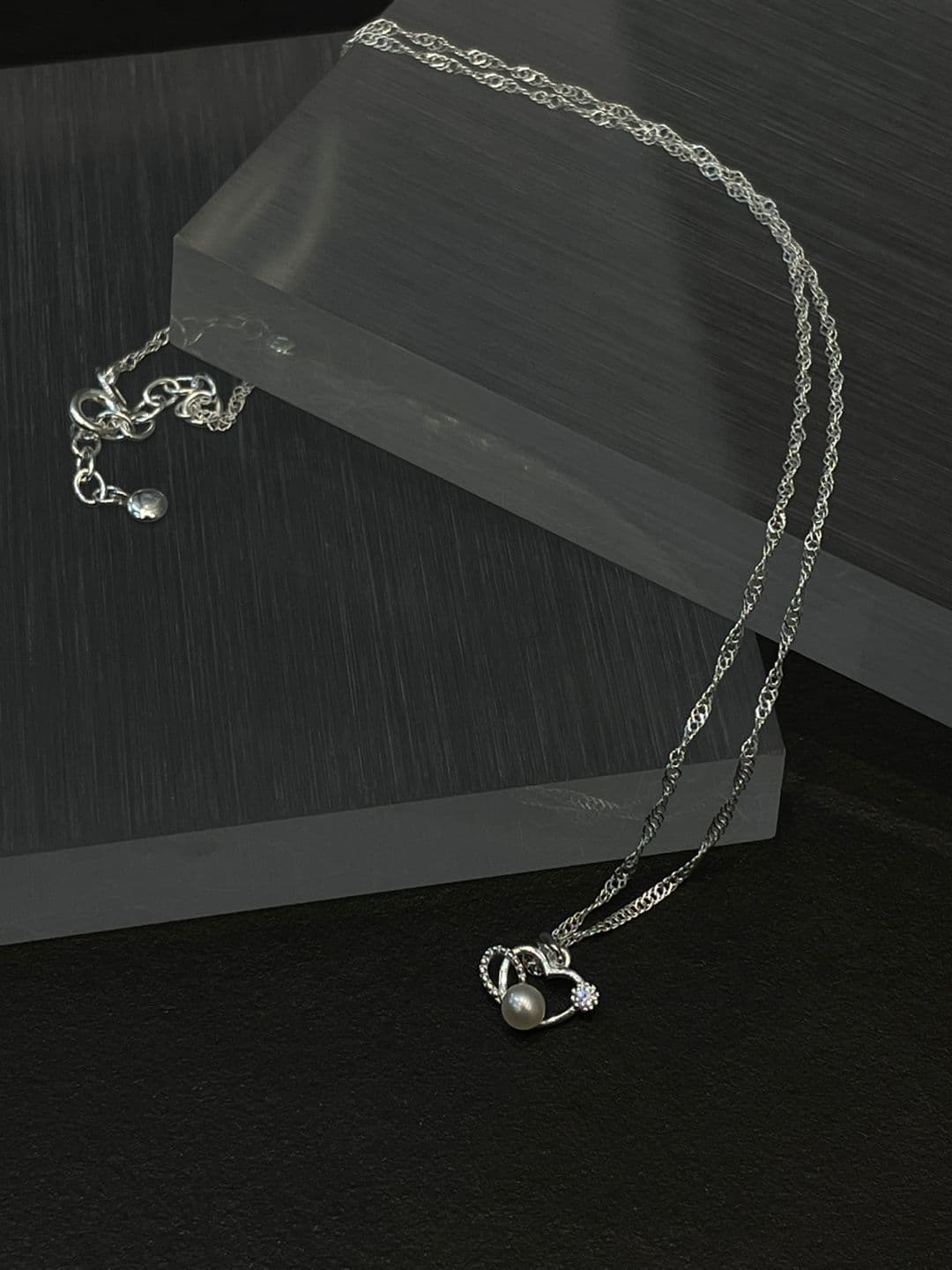 Silver 925 Double Heart Pearl-Cubic Necklace N260445546 - 이미지 4