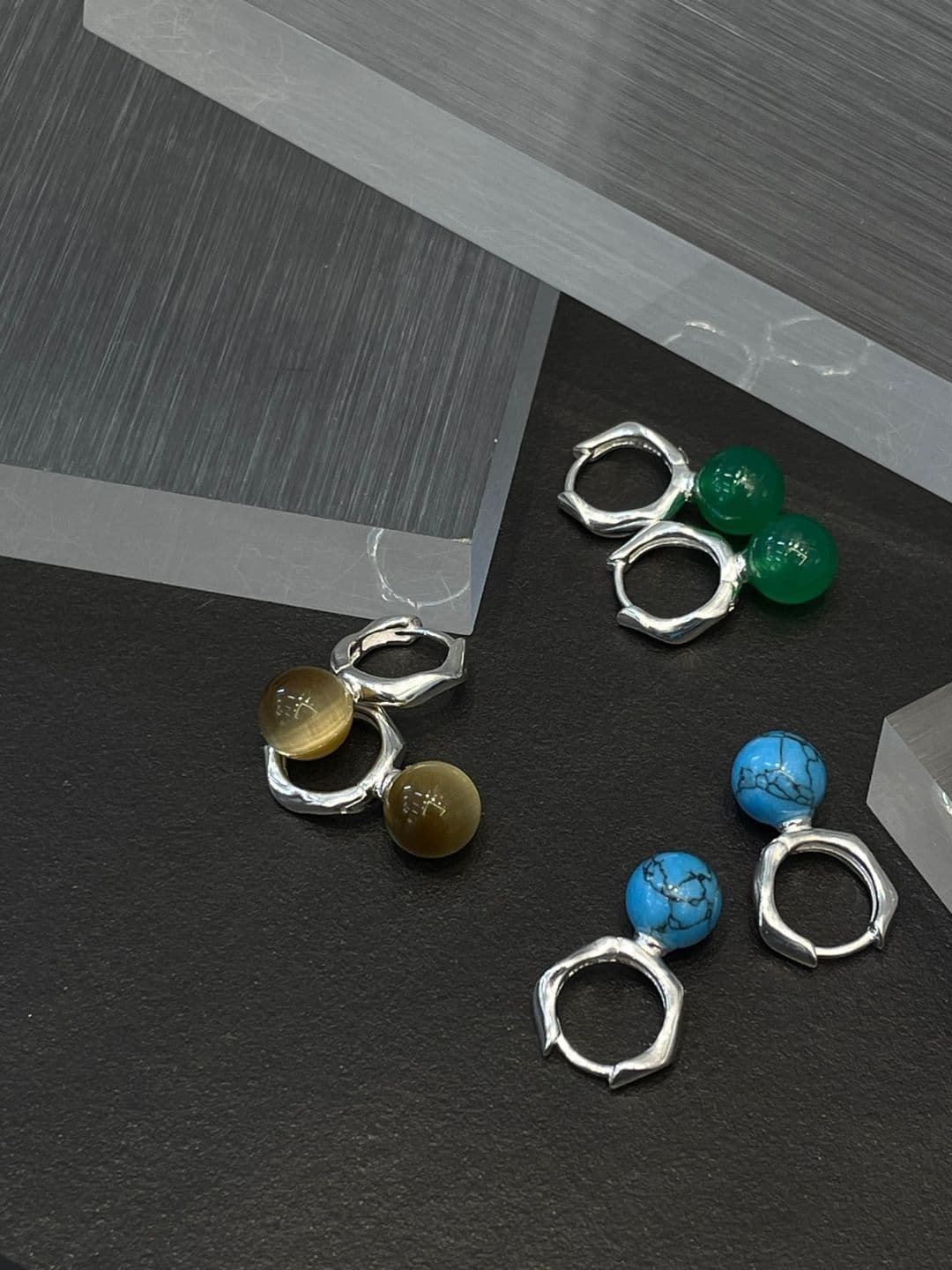 Silver 925 Turquoise-Tiger Eye-Jade One-Touch Earrings E230561566 - 이미지 10