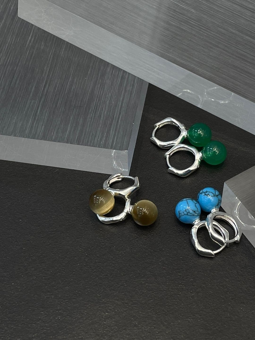 Silver 925 Turquoise-Tiger Eye-Jade One-Touch Earrings E230561566 - 이미지 6