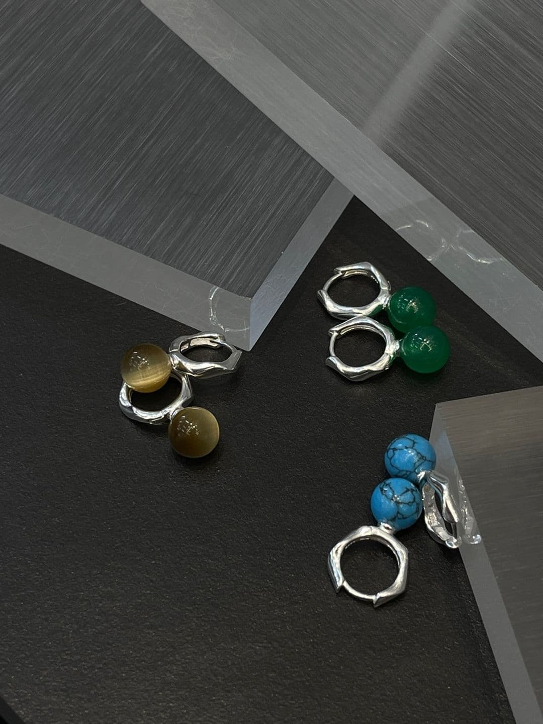 Silver 925 Turquoise-Tiger Eye-Jade One-Touch Earrings E230561566 - 이미지 8