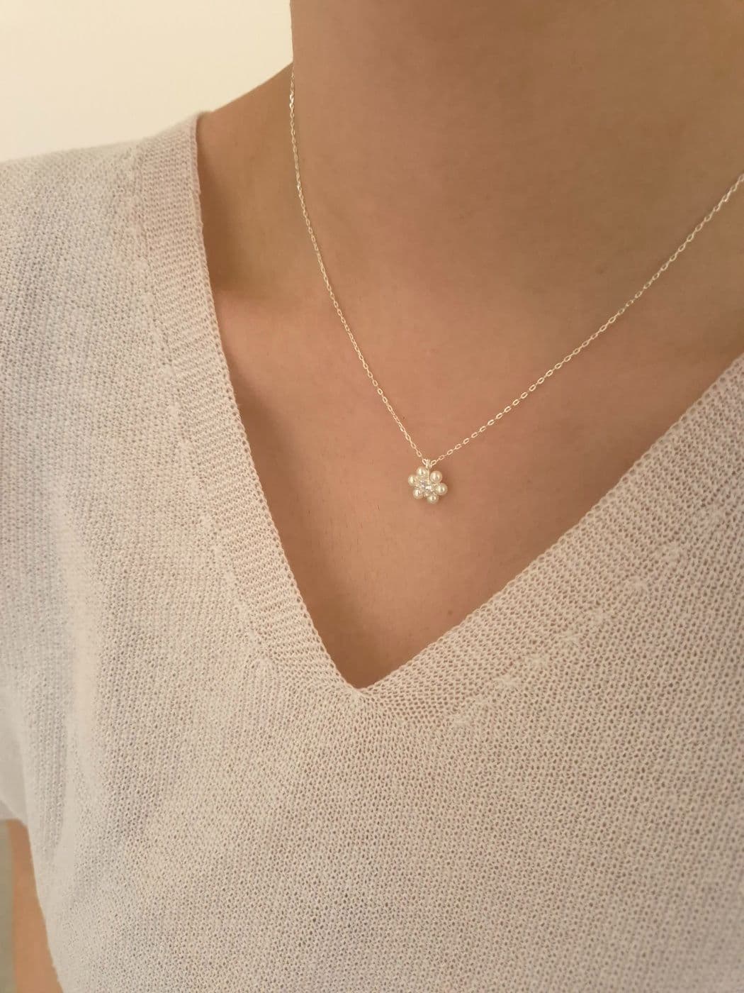 Silver 925 Pearl Cubic Flower Necklace N230545155 - 이미지 2