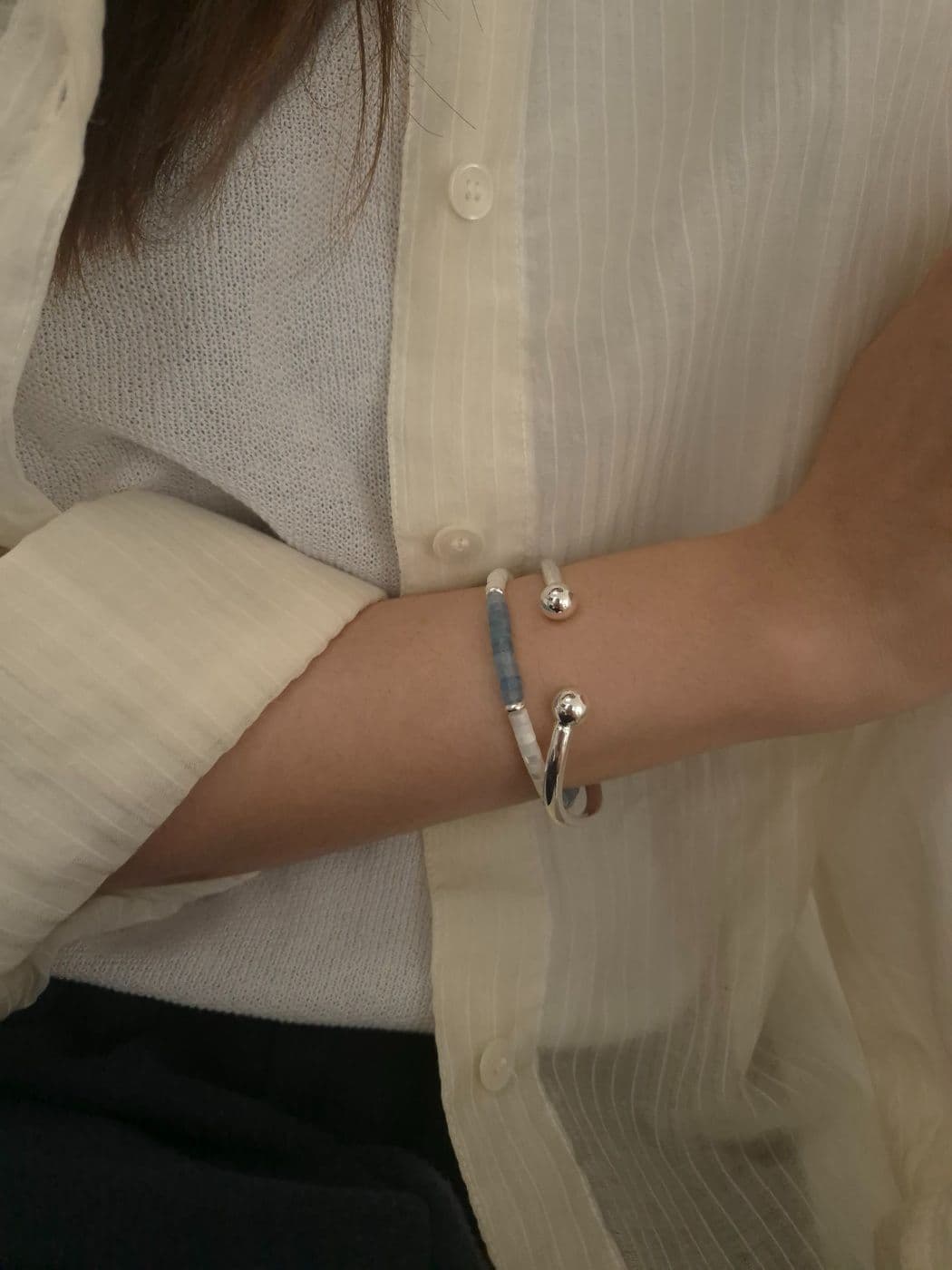 Silver 925 Aquamarine Mother-of-Pearl Handmade Bracelet B260541113 - 이미지 3