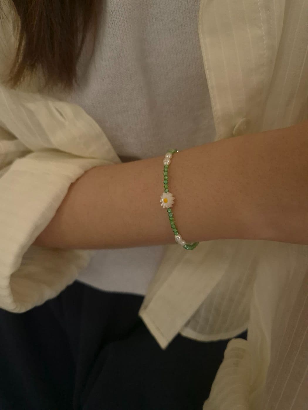 Silver 925 Green Cubic Freshwater Pearl Flower Bracelet B260581178 - 이미지 1