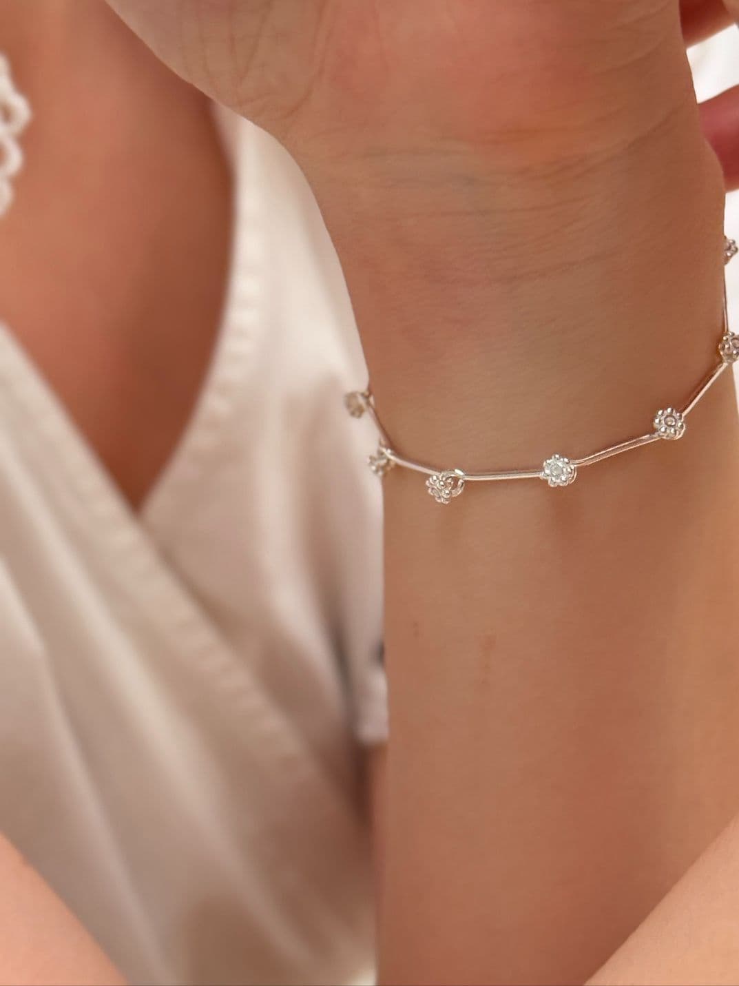 Silver 925 Flower Stick Chain Bracelet B260595793 - 이미지 4