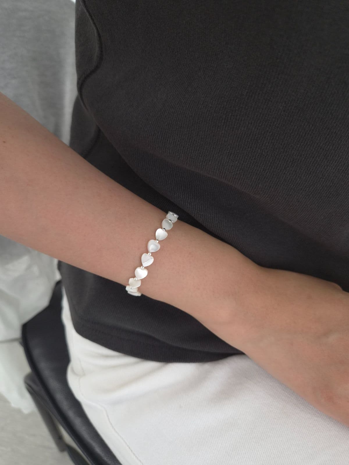 Silver 925 Mother-of-Pearl Heart Silver Ball Bracelet B260610460 - 이미지 1