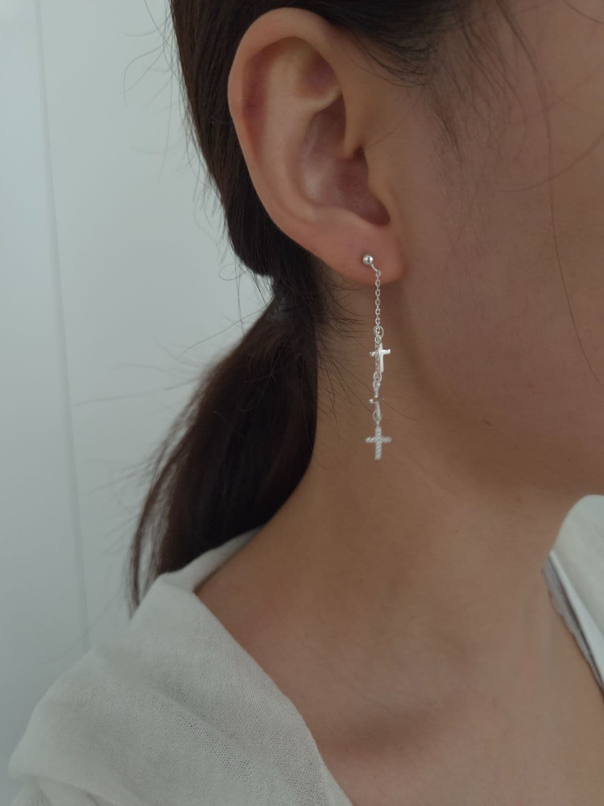 Silver 925 Cross Long Drop Post Earrings E260784403 - 이미지 3