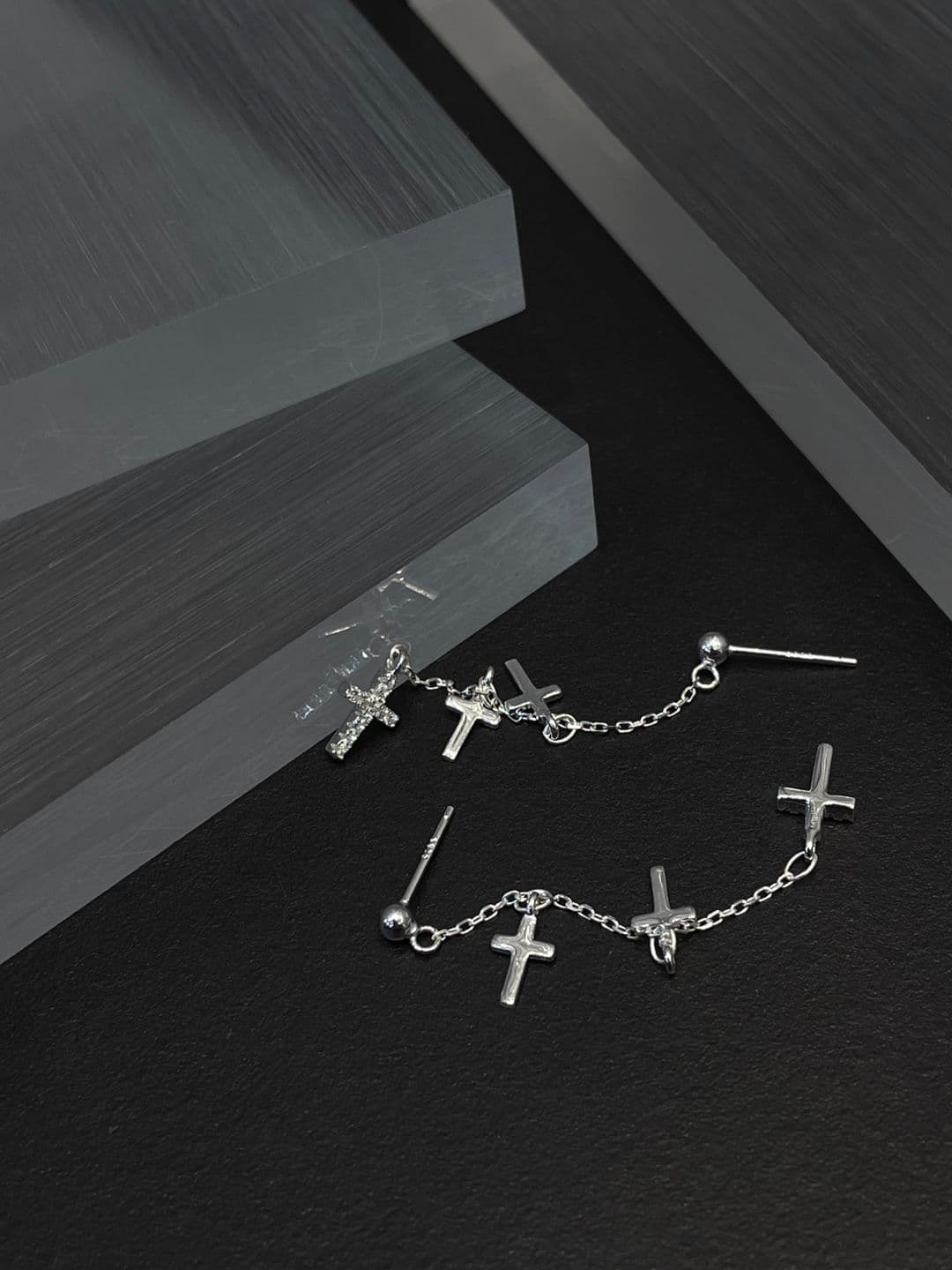 Silver 925 Cross Long Drop Post Earrings E260784403 - 이미지 4