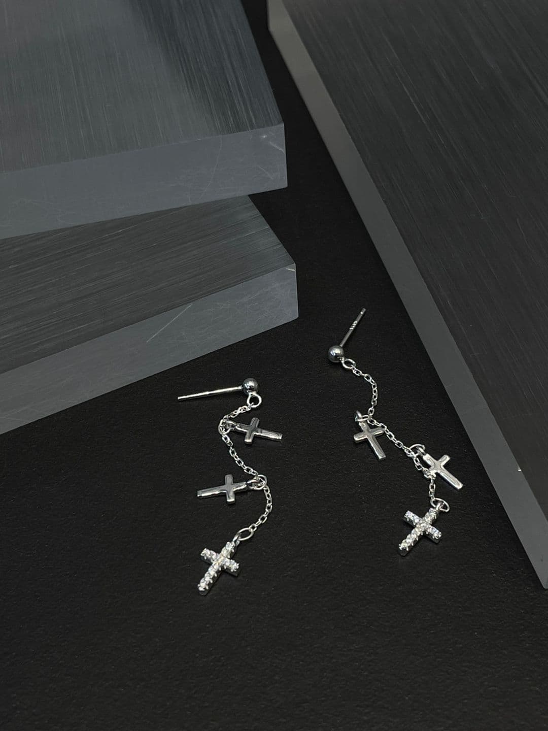 Silver 925 Cross Long Drop Post Earrings E260784403 - 이미지 6