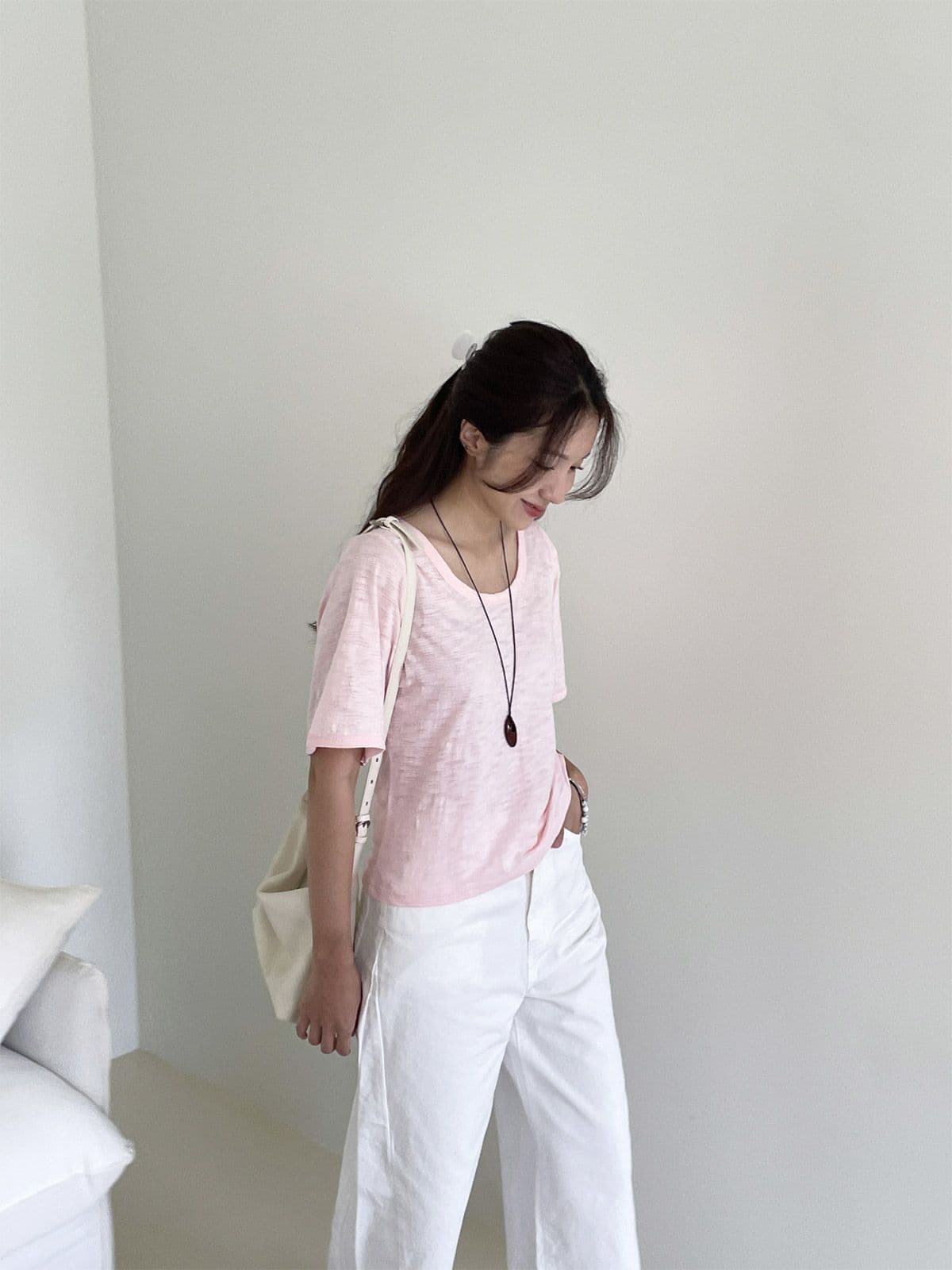 U-neck Big Sleeve (New Summer Short Sleeve T-shirt U-neck Slub Cotton Tee) - 이미지 4