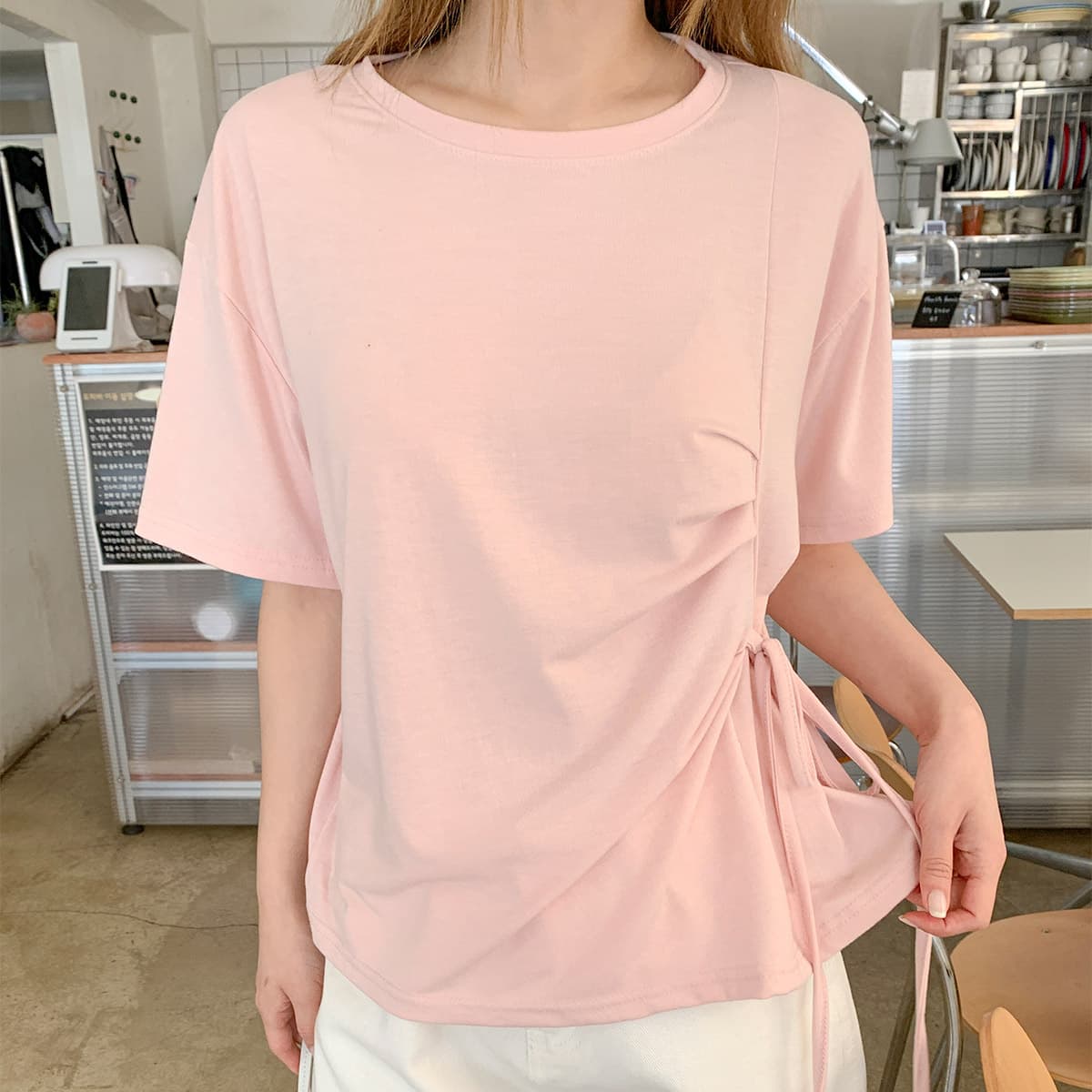 Ribbon Tie Pleated T-shirt (New Summer Cooling Short Sleeve Tee Shirred Pleated Tee) - 이미지 5