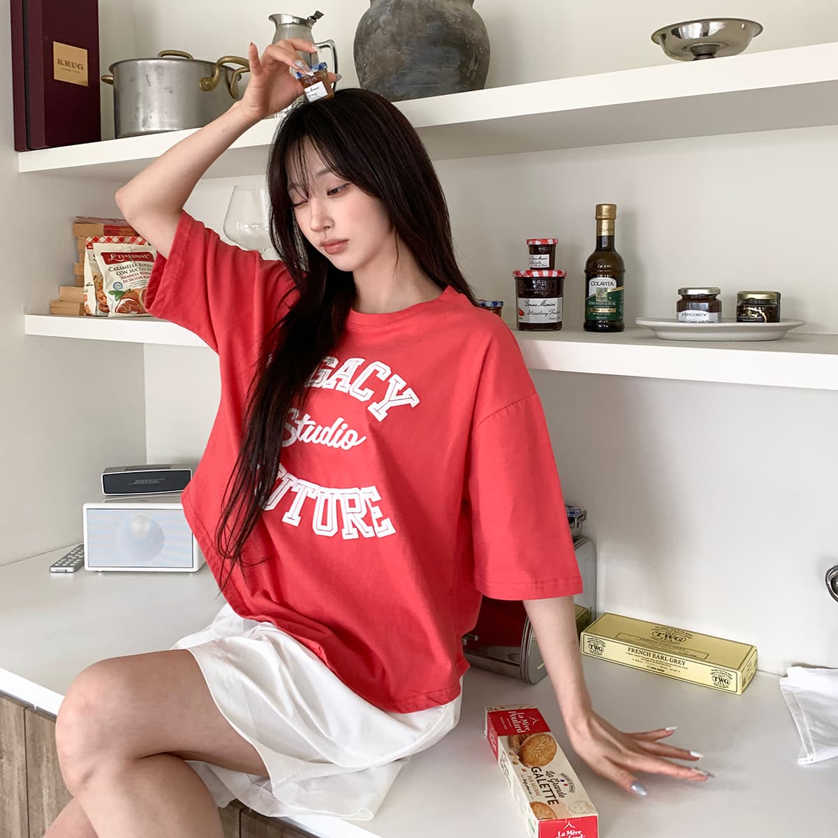 Asymmetrical Print T-shirt (New Summer Short Sleeve T-shirt Boxy T-shirt Cotton T-shirt Round Neck Printed T-shirt) - 이미지 4