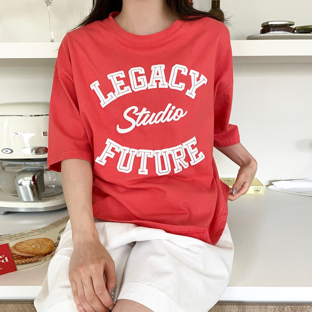 Asymmetrical Print T-shirt (New Summer Short Sleeve T-shirt Boxy T-shirt Cotton T-shirt Round Neck Printed T-shirt) - 이미지 1